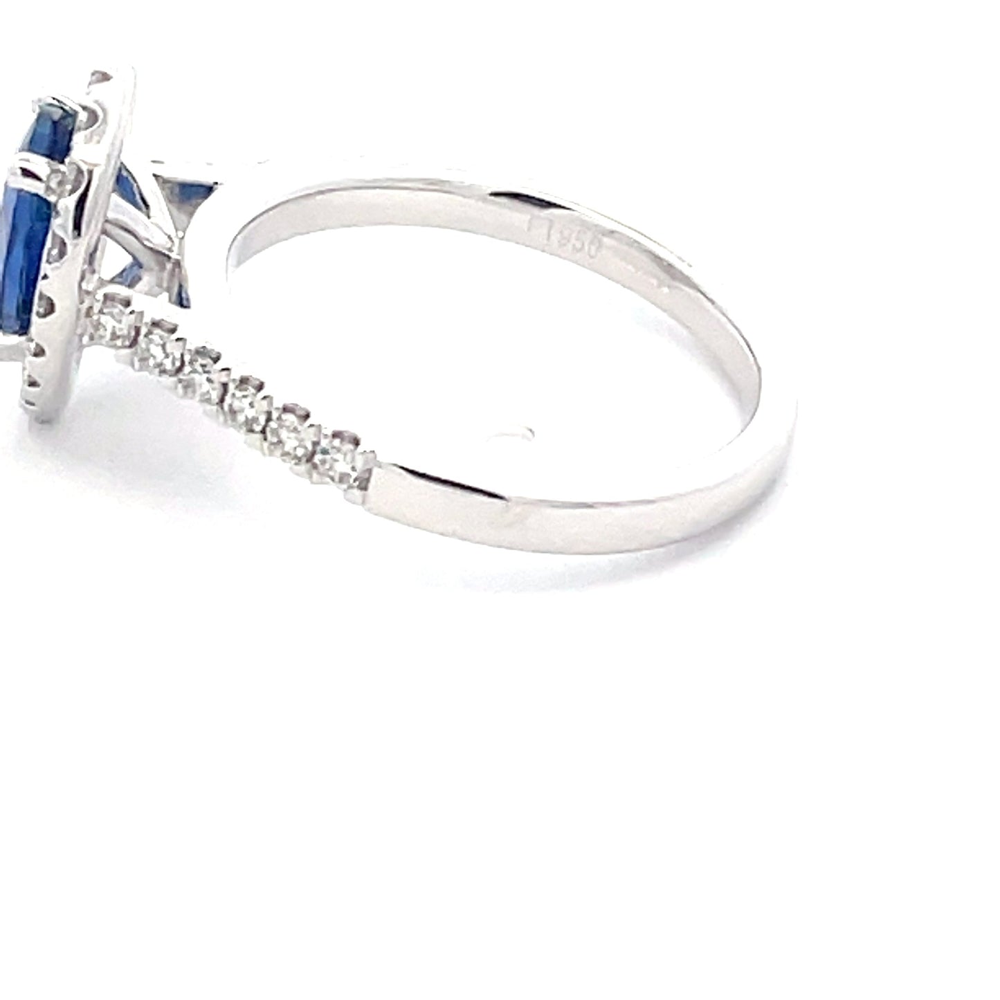 Pear Shaped Sapphire and round brilliant cut diamond halo cluster style ring Gardiner Brothers