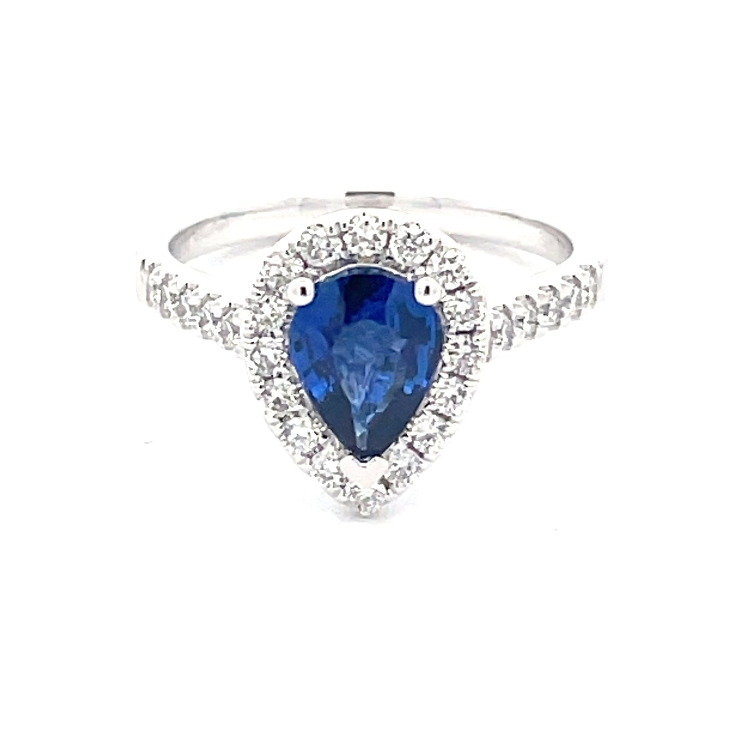 Pear Shaped Sapphire and round brilliant cut diamond halo cluster style ring Gardiner Brothers