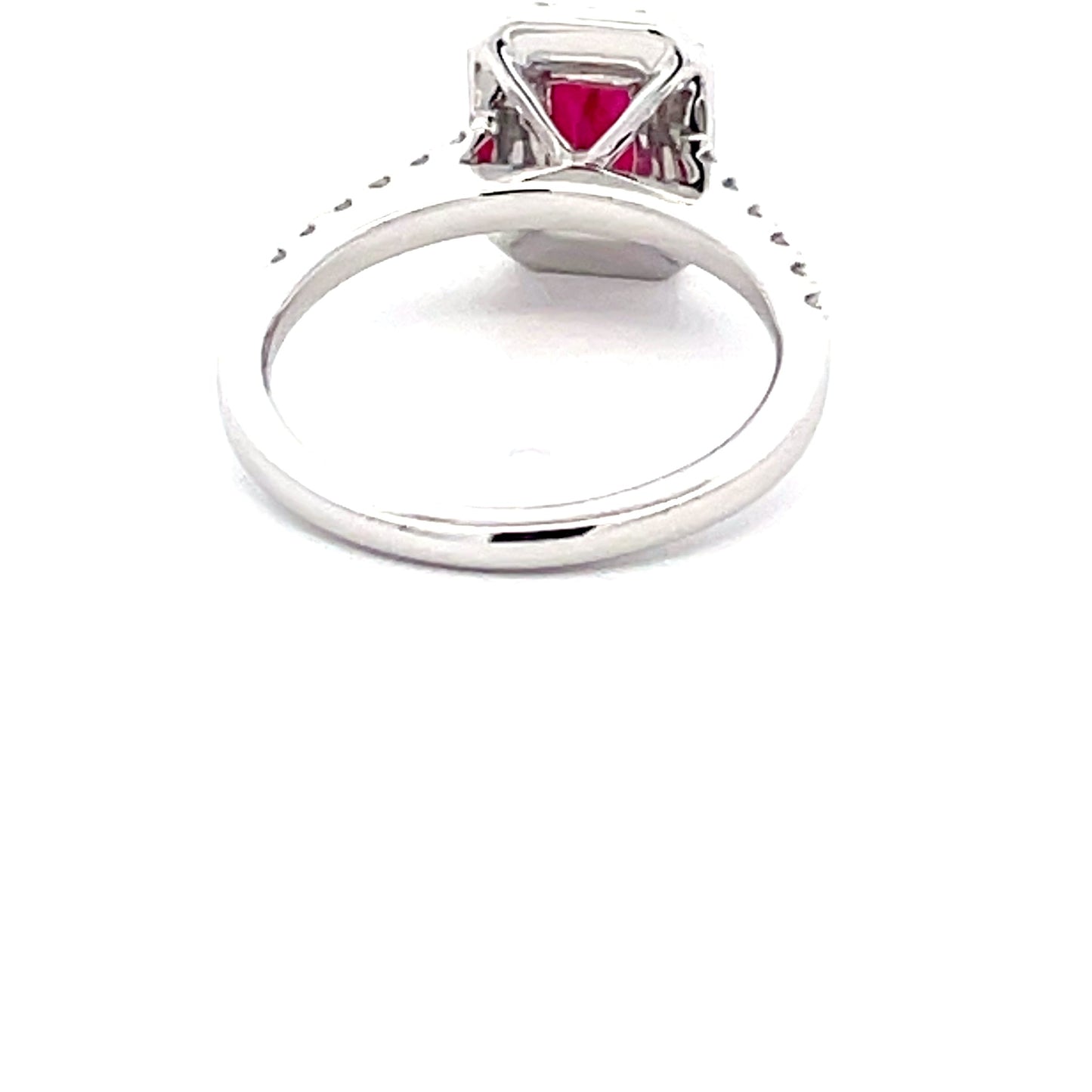 Octagonal Shaped Ruby and Round Brilliant Cut Diamond Halo Cluster Style Ring Gardiner Brothers