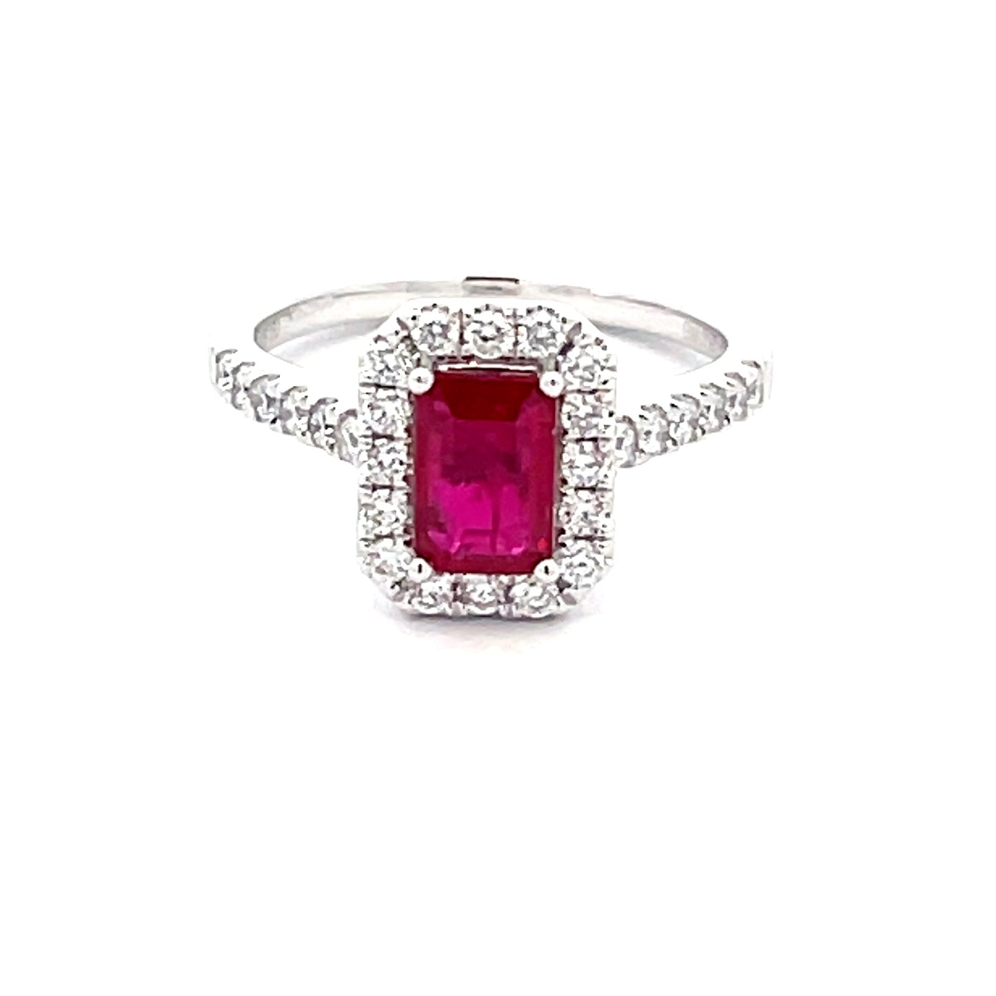 Octagonal Shaped Ruby and Round Brilliant Cut Diamond Halo Cluster Style Ring Gardiner Brothers