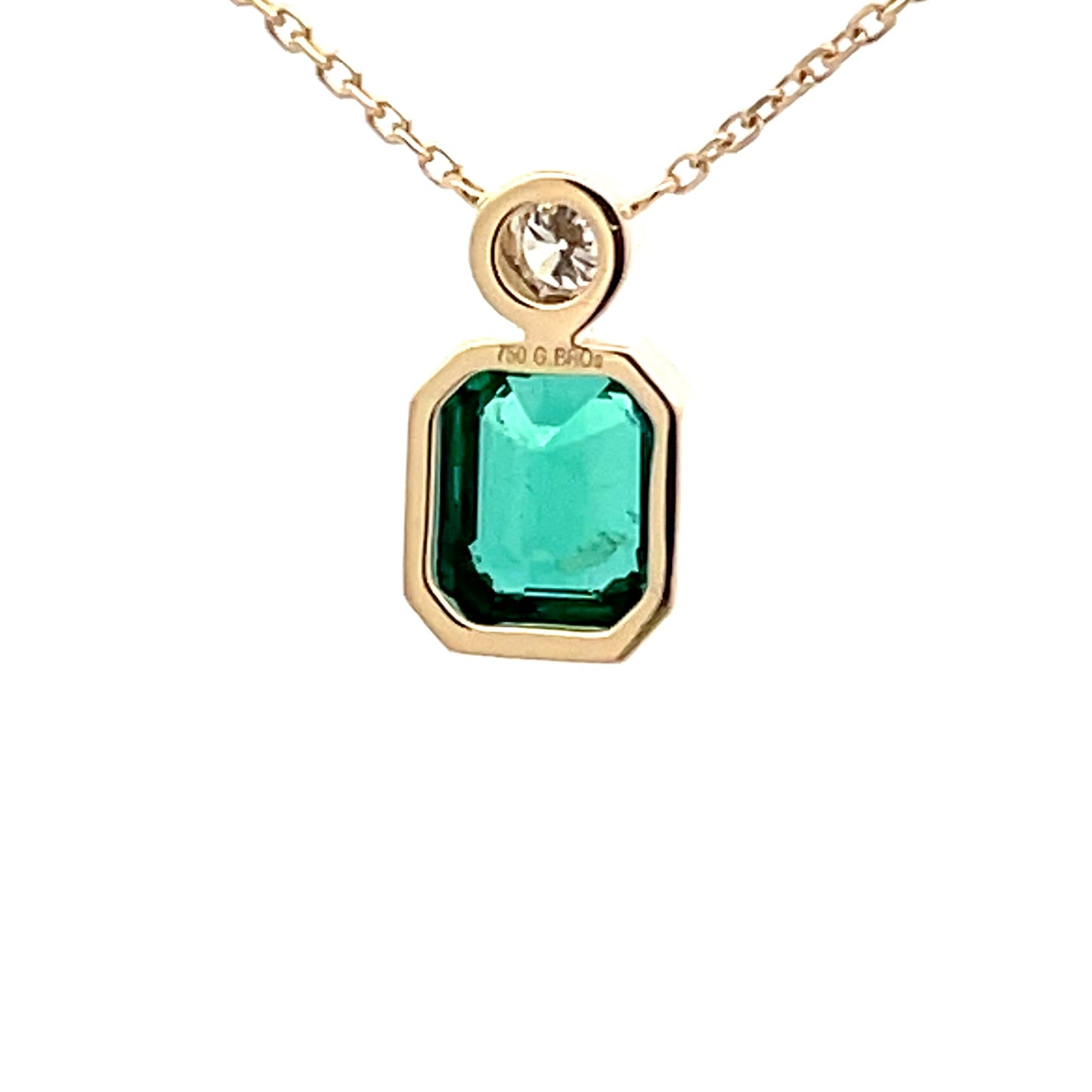 Square Step-cut Emerald and round brilliant cut diamond pendant Gardiner Brothers