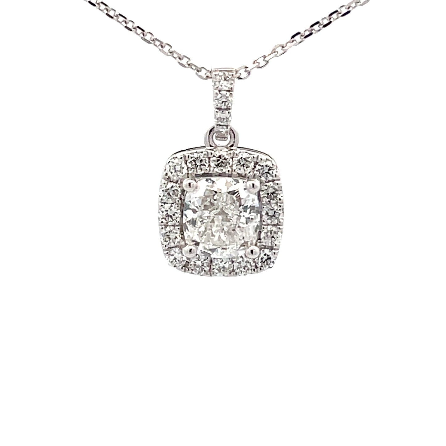 Cushion shaped diamond halo cluster style pendant - 1.59cts Gardiner Brothers