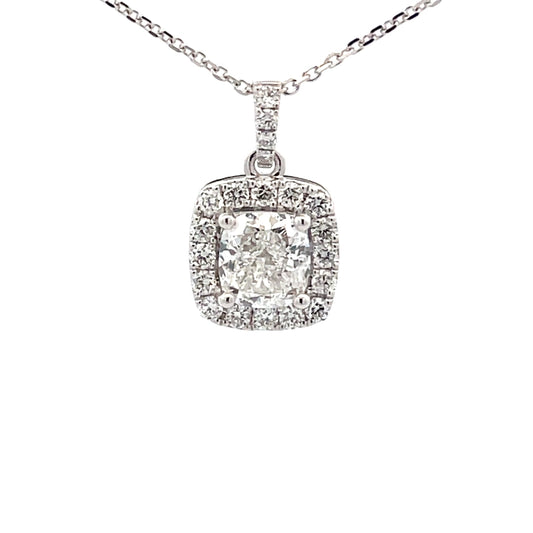 Cushion shaped diamond halo cluster style pendant - 1.59cts  Gardiner Brothers