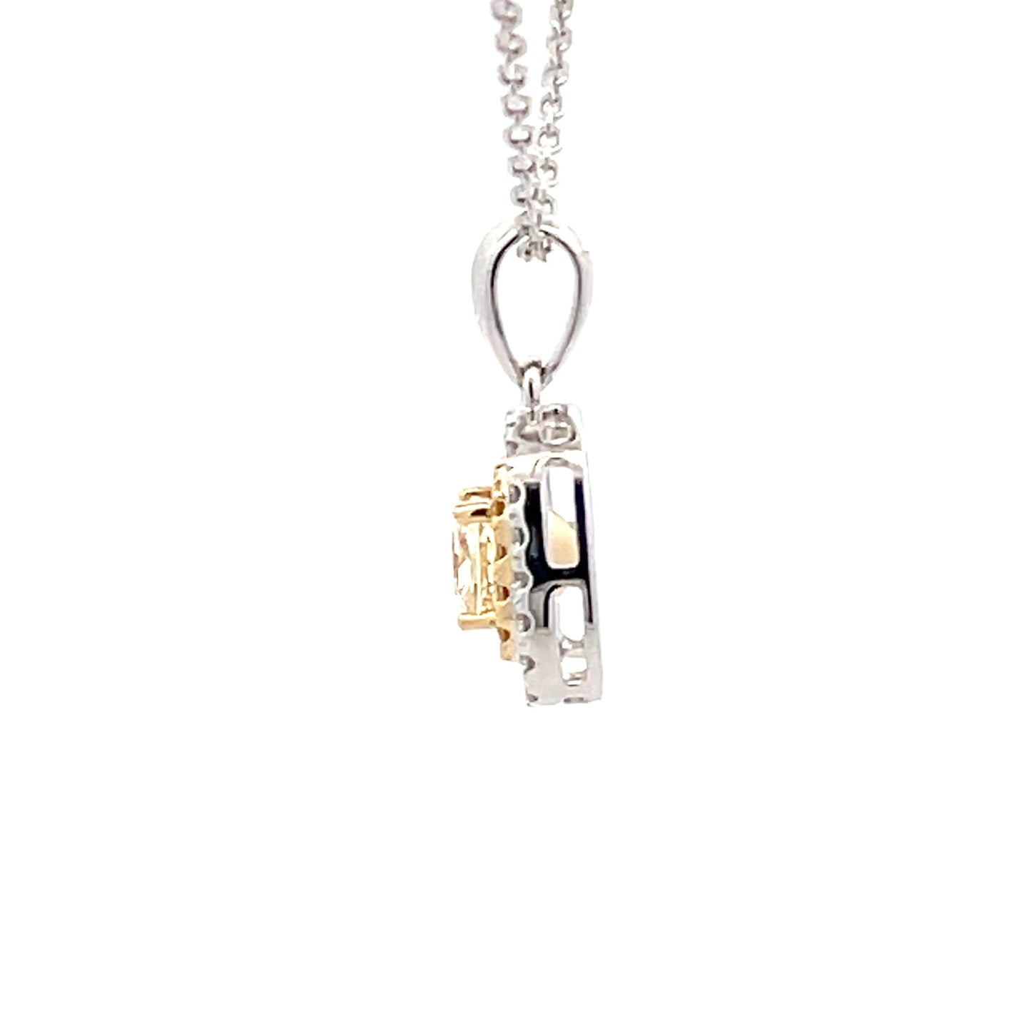 Cushion shaped yellow diamond halo cluster style pendant Gardiner Brothers