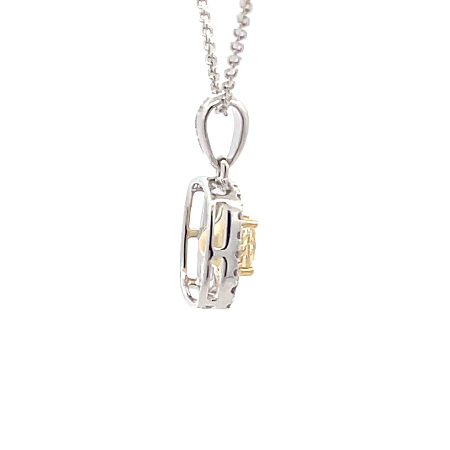 Cushion shaped yellow diamond halo cluster style pendant Gardiner Brothers