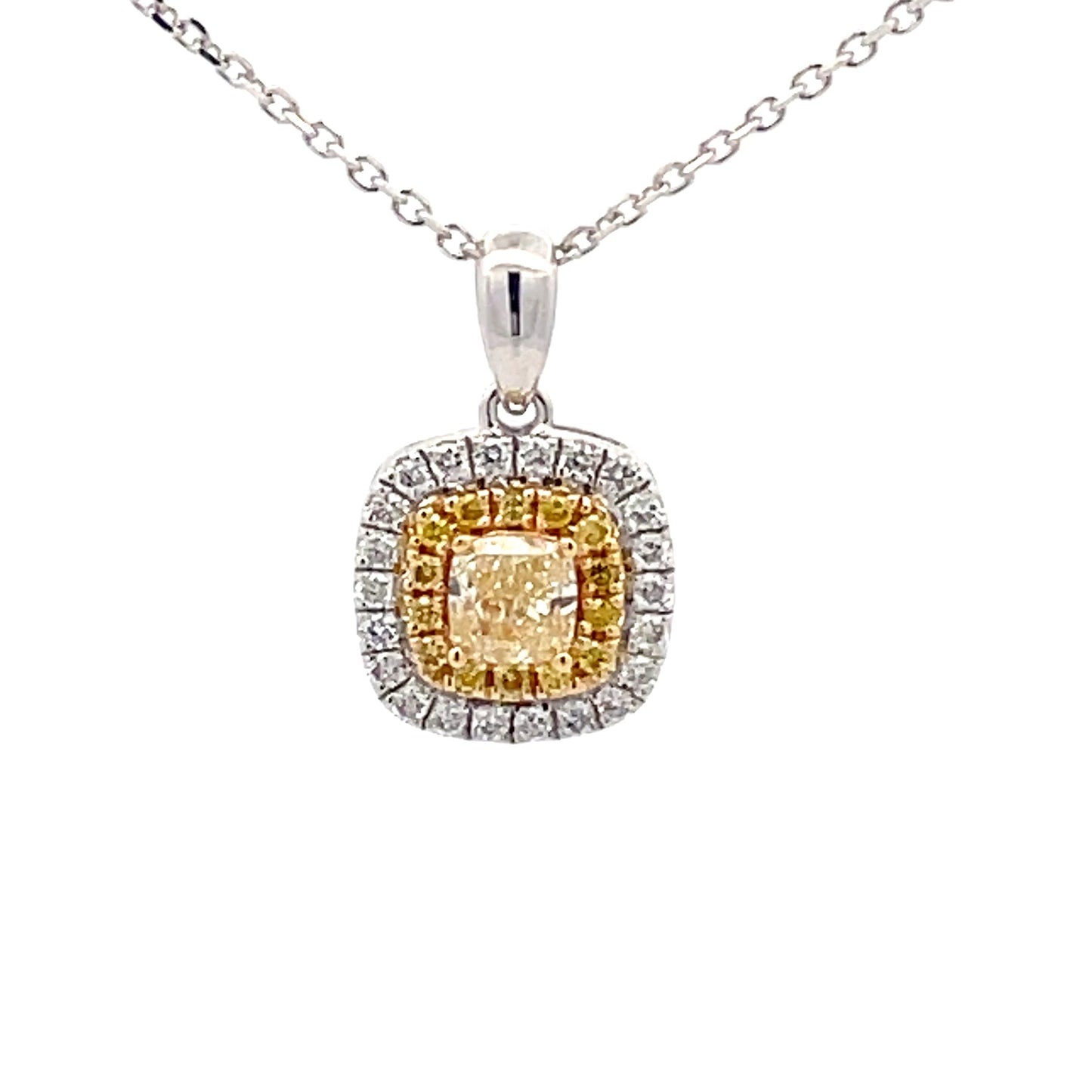 Cushion shaped yellow diamond halo cluster style pendant Gardiner Brothers