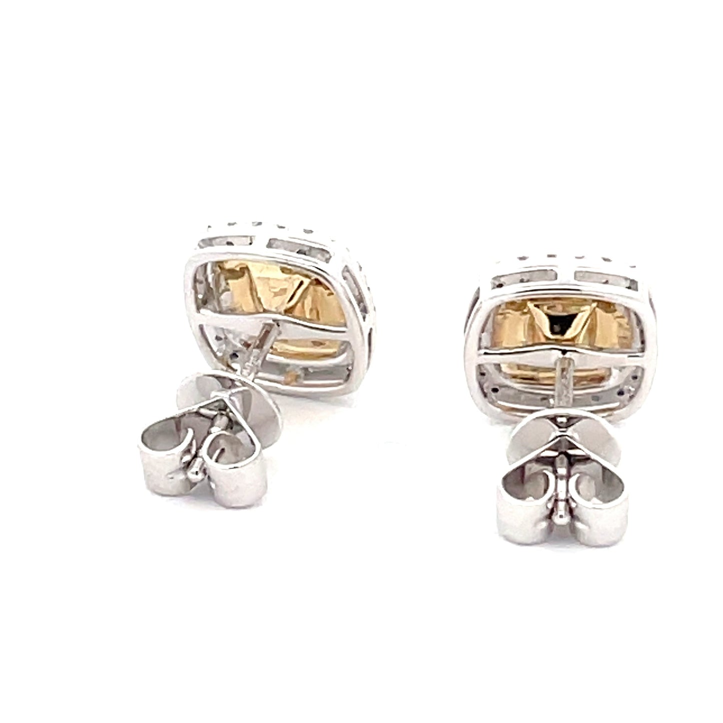 Yellow Cushion shaped diamond halo style earrings Gardiner Brothers