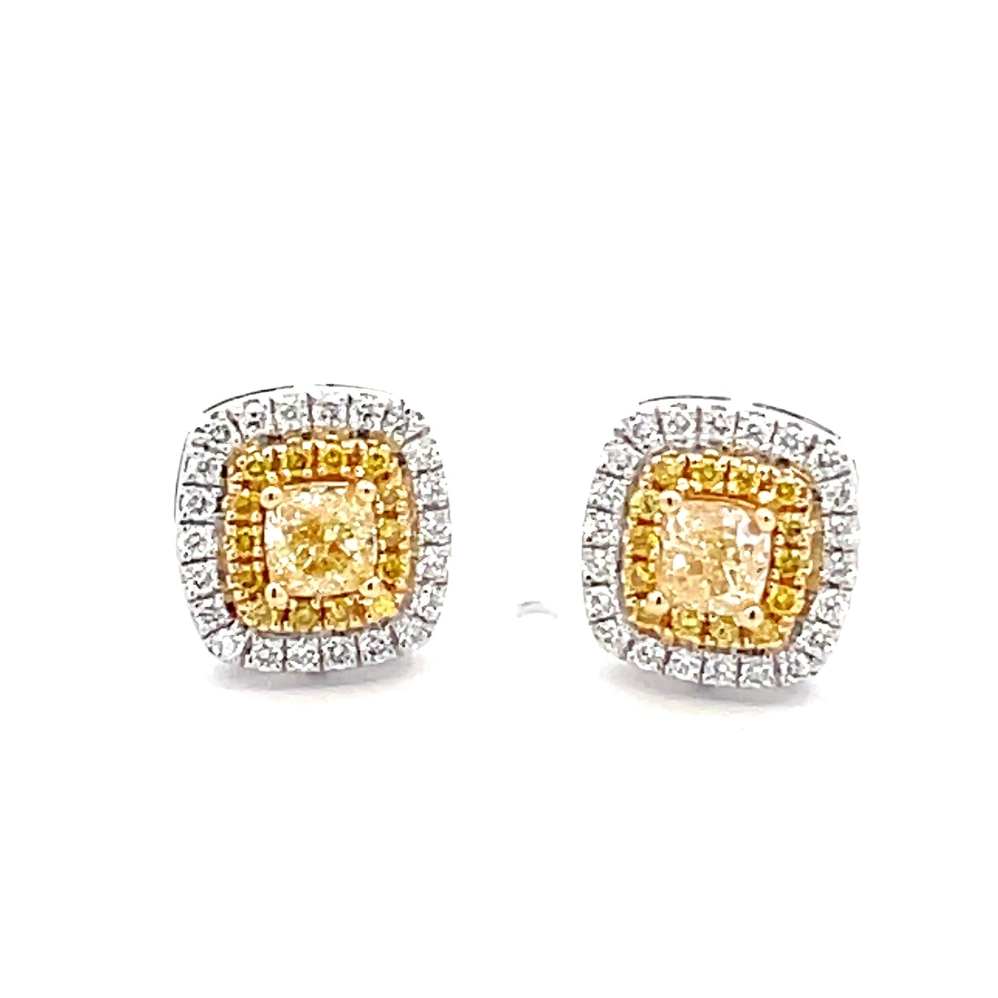Yellow Cushion shaped diamond halo style earrings Gardiner Brothers