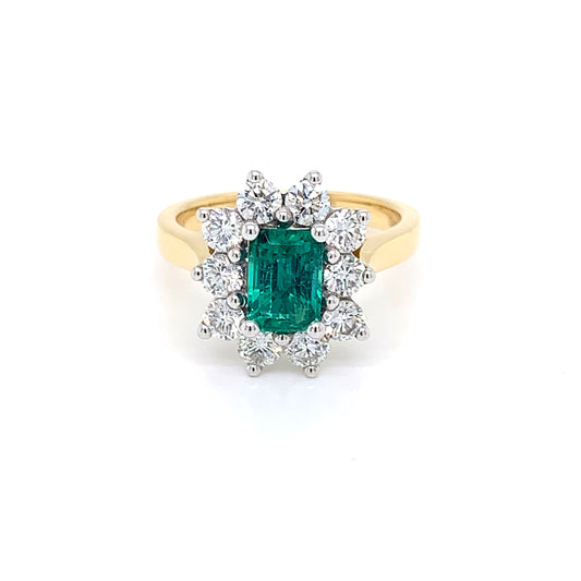 Octagonal Emerald and round brilliant cut Diamond Cluster Ring gardiner-brothers