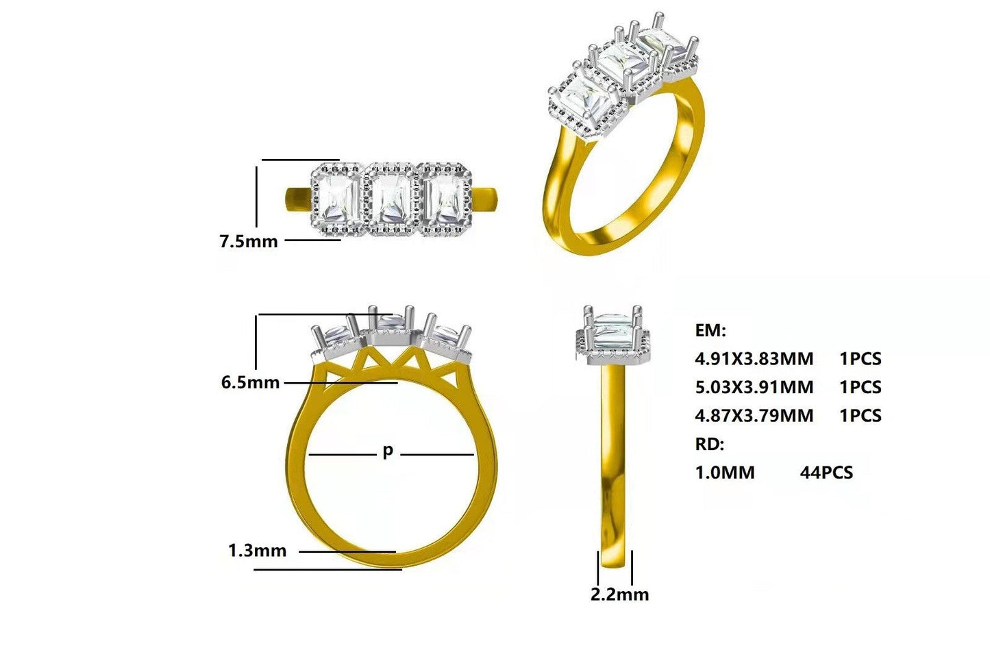 Yellow Gold, Emerald Cut 3 Stone Diamond Halo Ring Gardiner Brothers