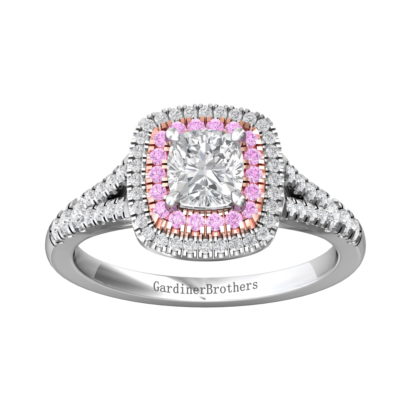 Cushion Cut Diamond Halo Ring Set With Pink Diamonds Gardiner Brothers