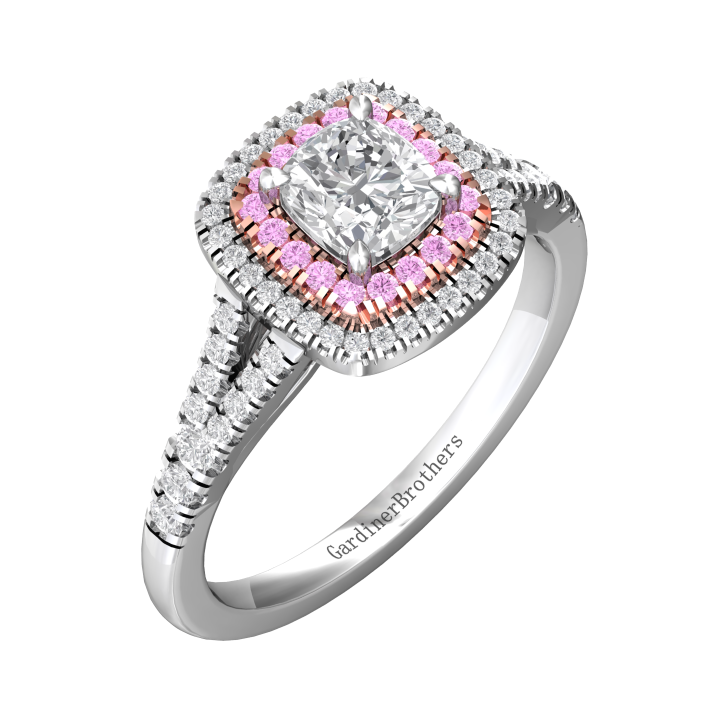 Cushion Cut Diamond Halo Ring Set With Pink Diamonds Gardiner Brothers