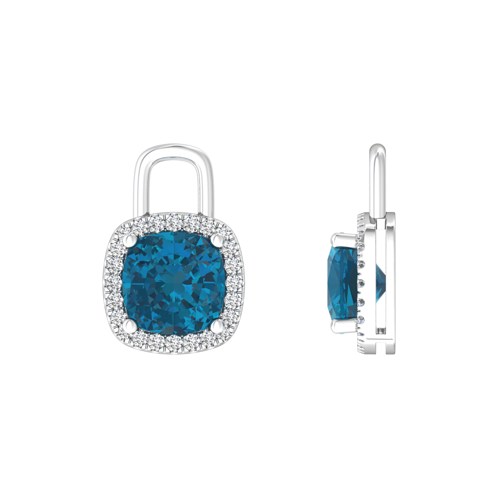 Nova diamond set earrings attachments set with a cushion shaped London Blue Topaz Gardiner Brothers