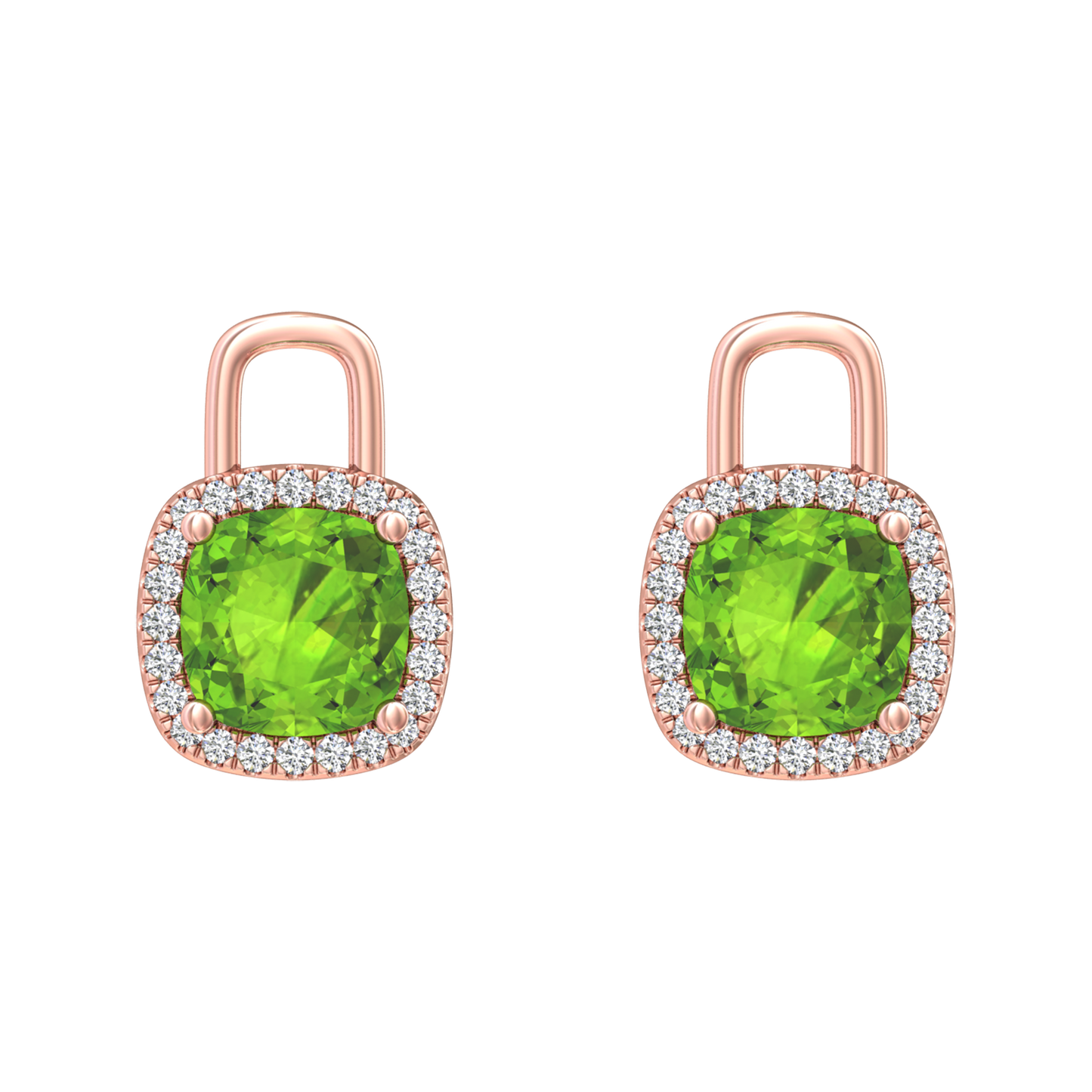 Nova earring attachments in a plain bezel setting with cushion shaped Peridot Gardiner Brothers Rose Gold