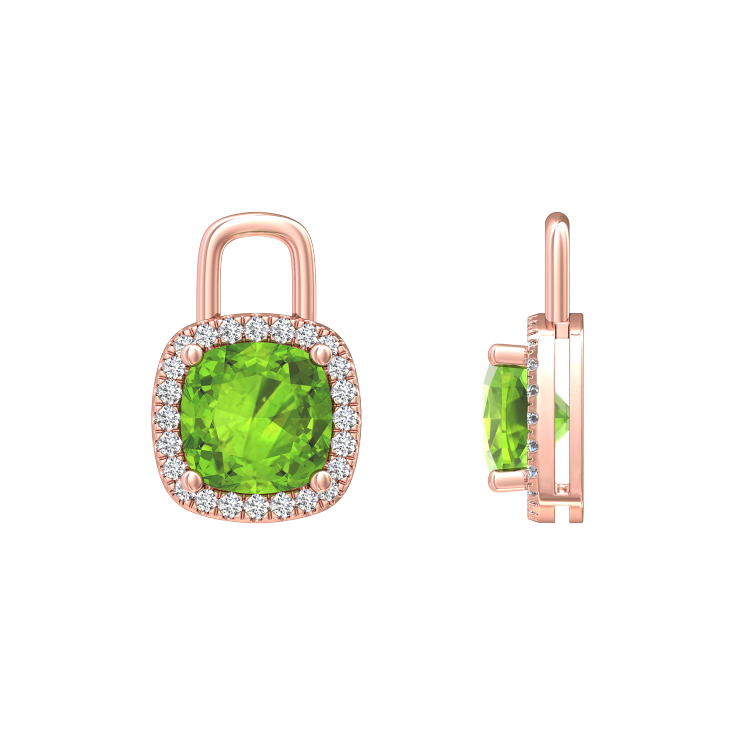 Nova earring attachments in a plain bezel setting with cushion shaped Peridot Gardiner Brothers