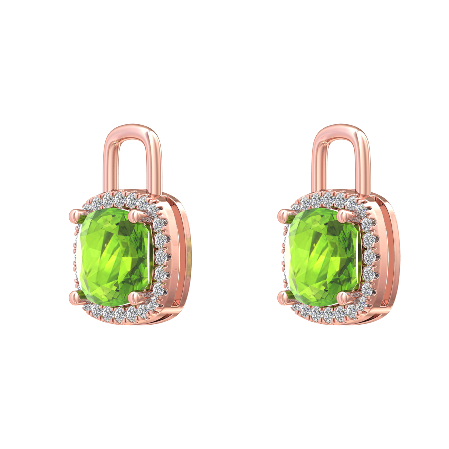 Nova earring attachments in a plain bezel setting with cushion shaped Peridot Gardiner Brothers