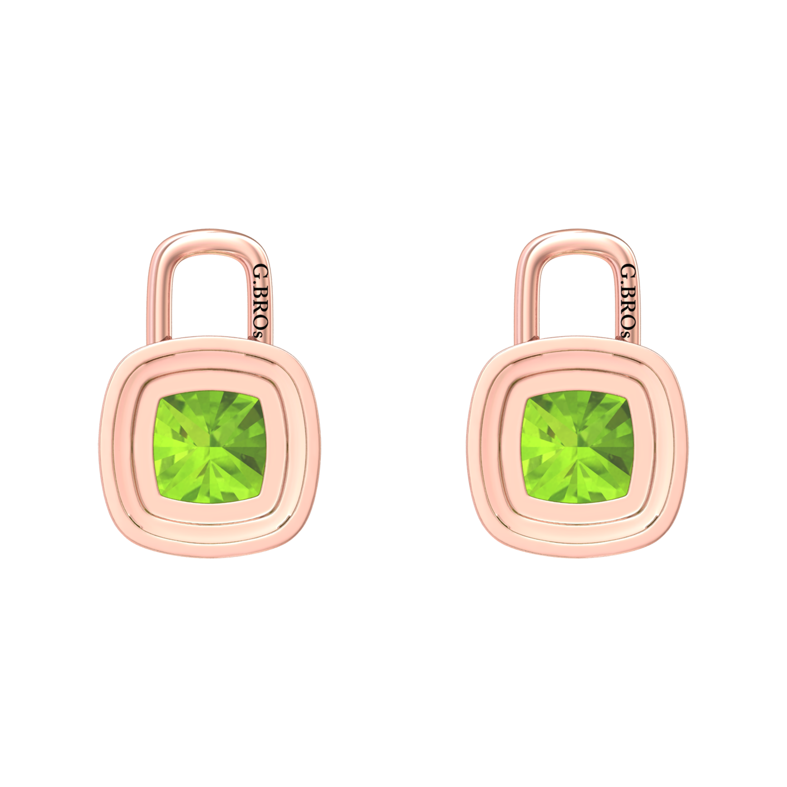 Nova diamond set earrings attachments set with a cushion shaped Peridot Gardiner Brothers