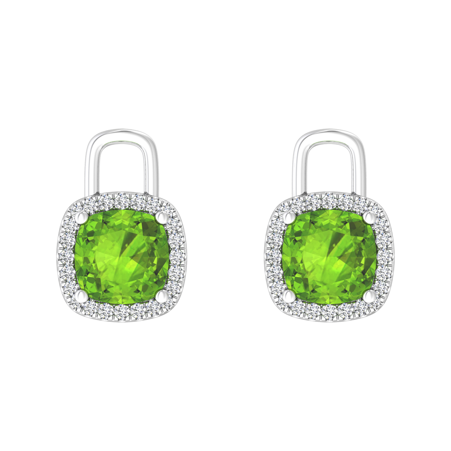 Nova earring attachments in a plain bezel setting with cushion shaped Peridot Gardiner Brothers White Gold