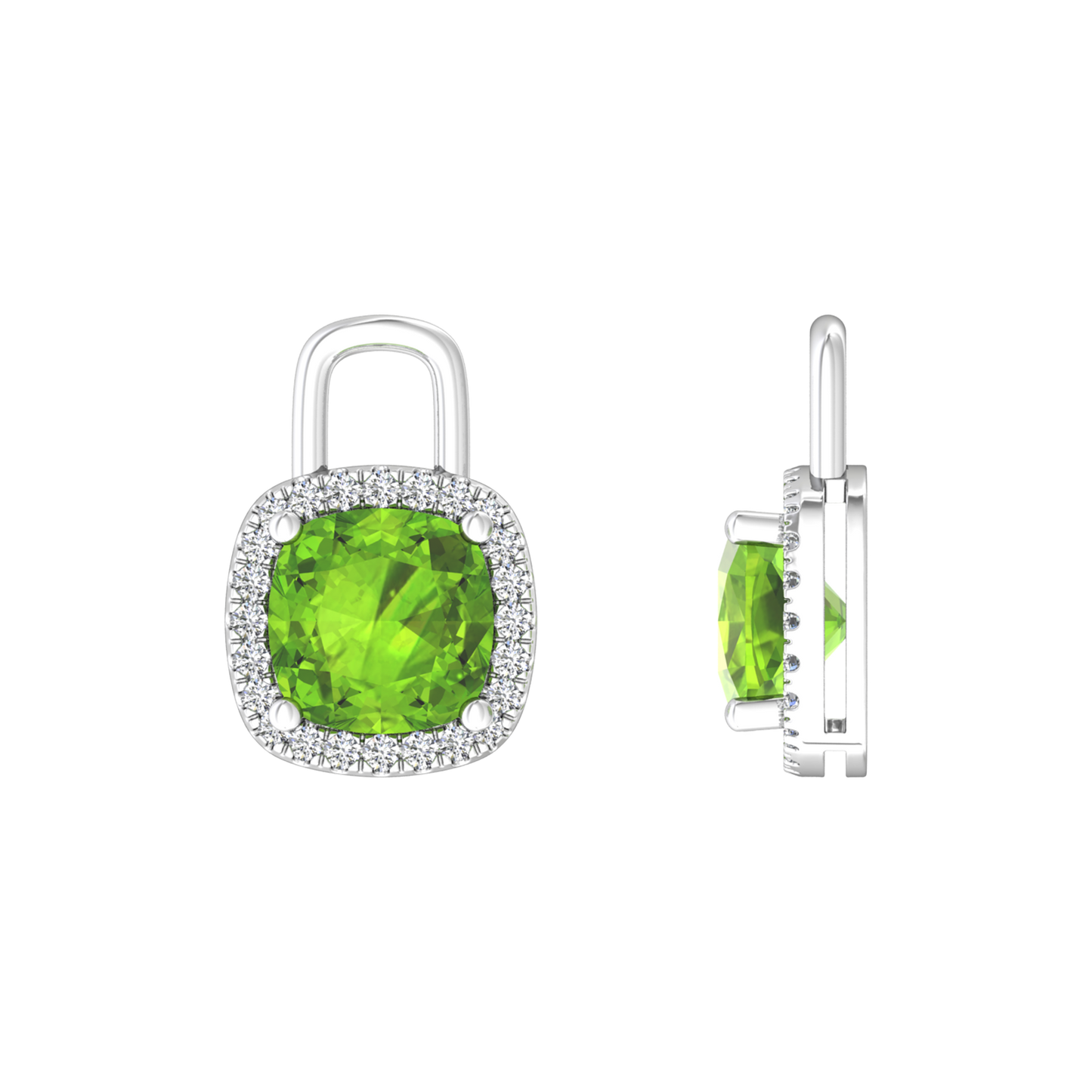 Nova earring attachments in a plain bezel setting with cushion shaped Peridot Gardiner Brothers