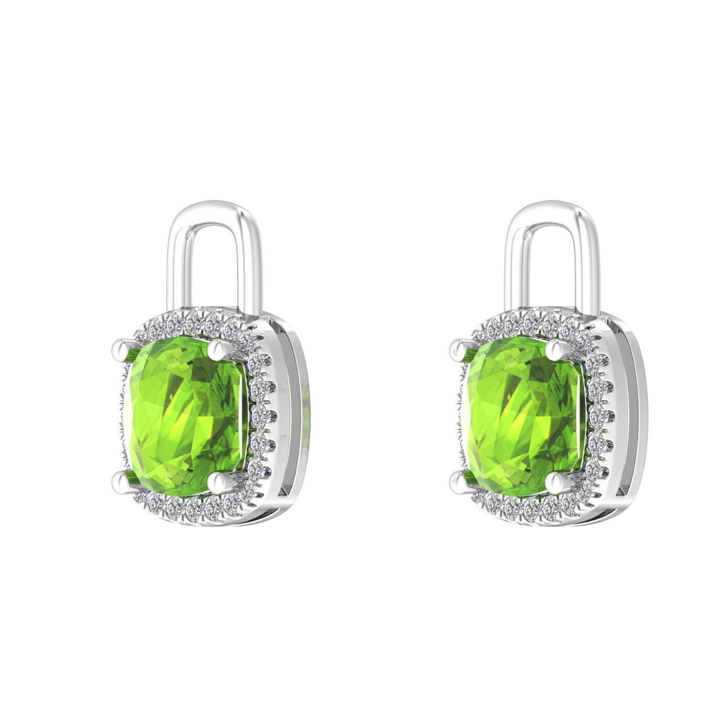 Nova earring attachments in a plain bezel setting with cushion shaped Peridot Gardiner Brothers