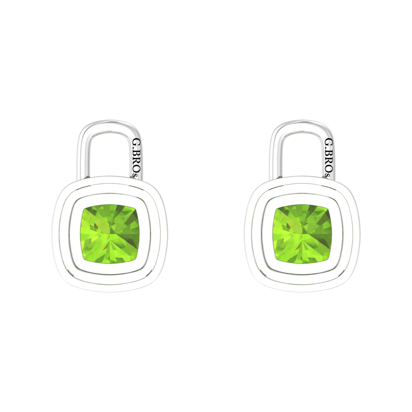 Nova earring attachments in a plain bezel setting with cushion shaped Peridot Gardiner Brothers