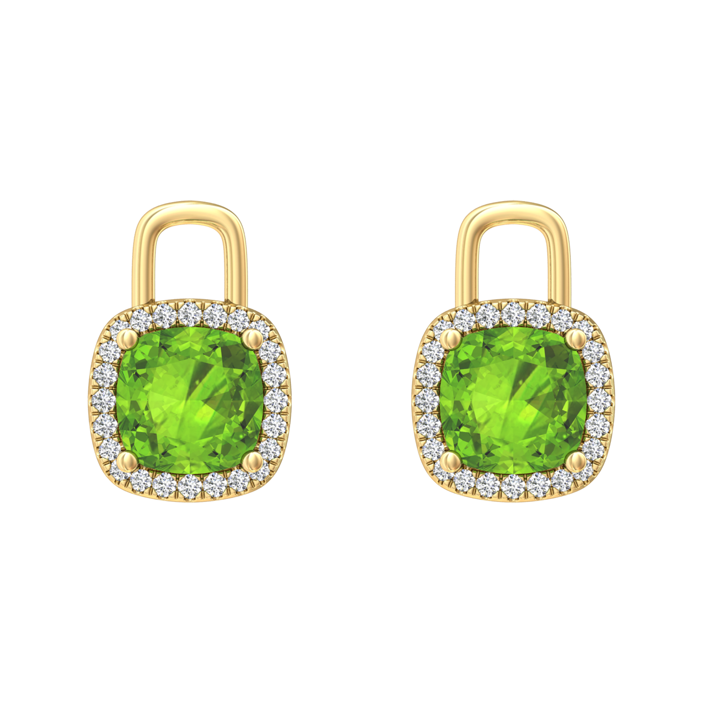 Nova earring attachments in a plain bezel setting with cushion shaped Peridot Gardiner Brothers Yellow Gold