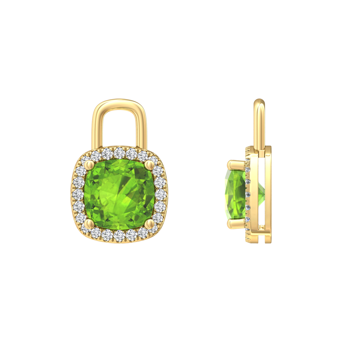 Nova earring attachments in a plain bezel setting with cushion shaped Peridot Gardiner Brothers