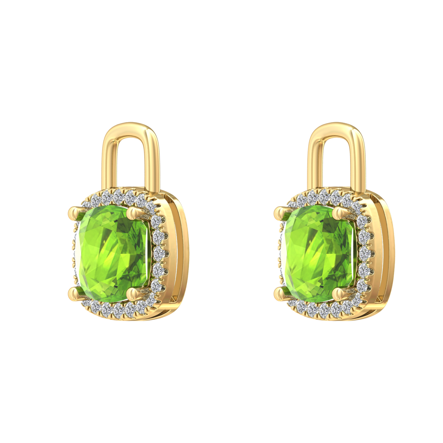 Nova earring attachments in a plain bezel setting with cushion shaped Peridot Gardiner Brothers