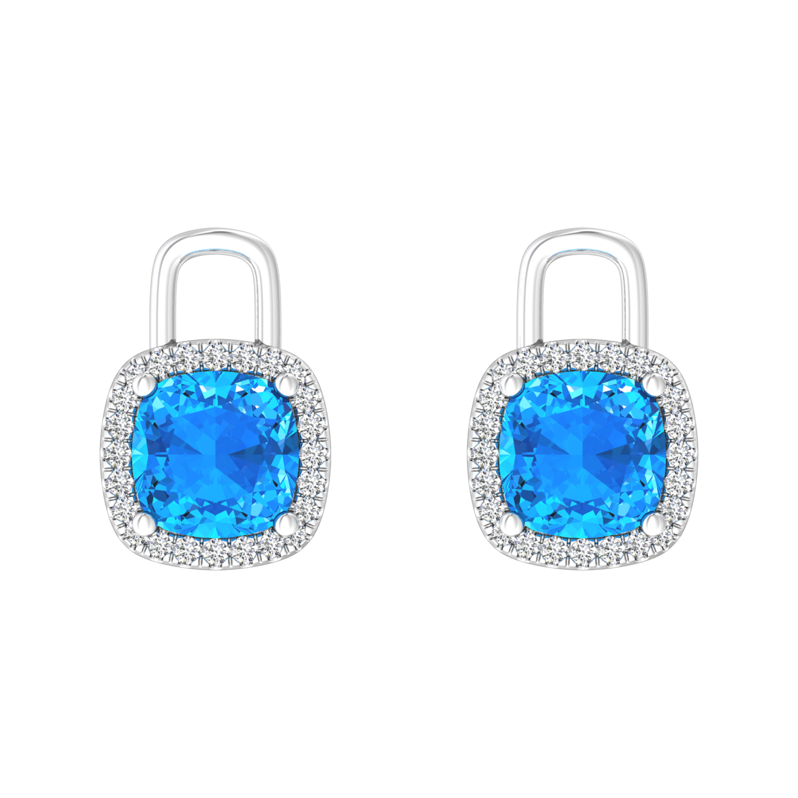 Nova diamond set earrings attachments set with a cushion shaped Swiss Blue Topaz Gardiner Brothers White Gold