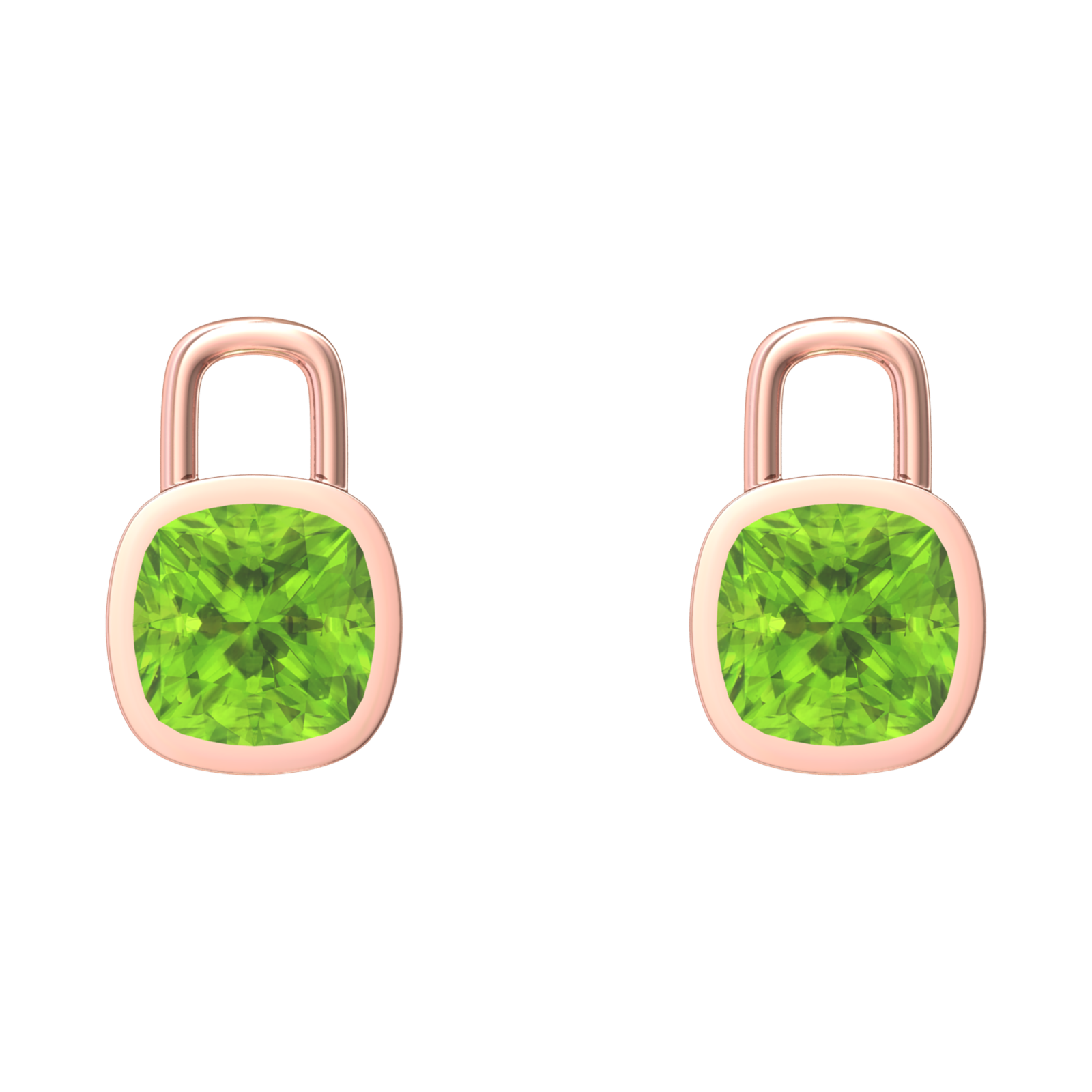 Nova earring attachments in a plain bezel setting with cushion shaped Peridot Gardiner Brothers Rose Gold