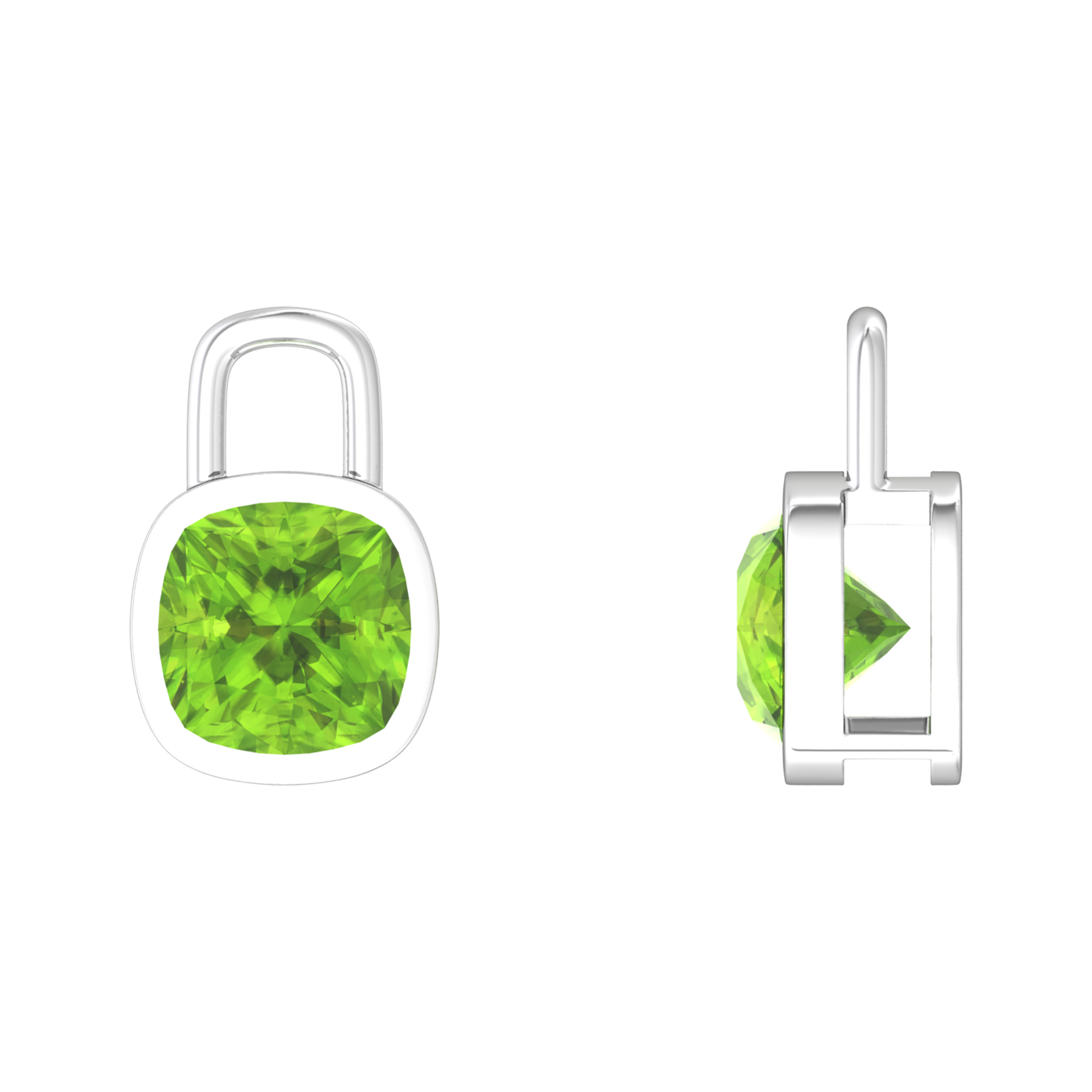 Nova earring attachments in a plain bezel setting with cushion shaped Peridot Gardiner Brothers