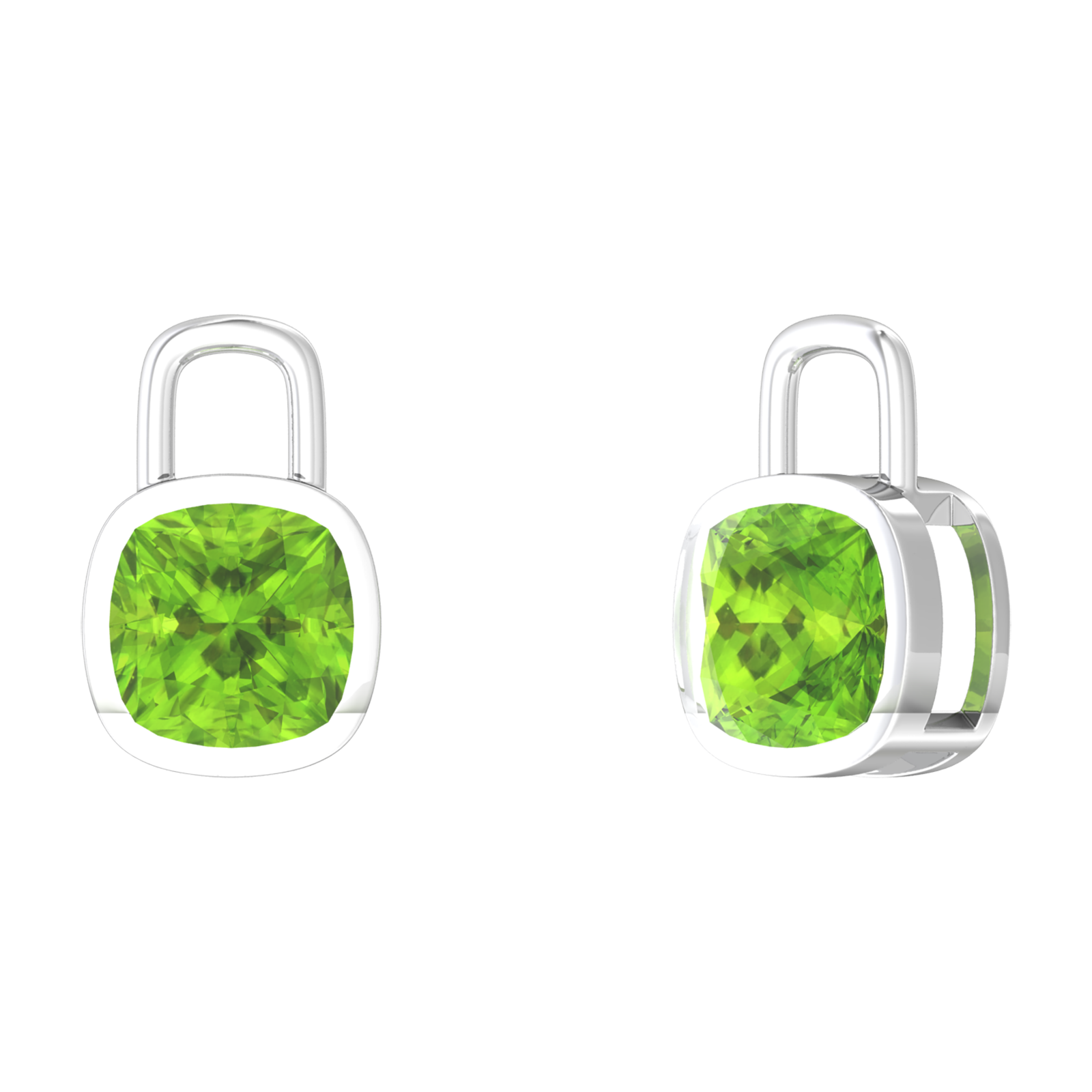 Nova earring attachments in a plain bezel setting with cushion shaped Peridot Gardiner Brothers