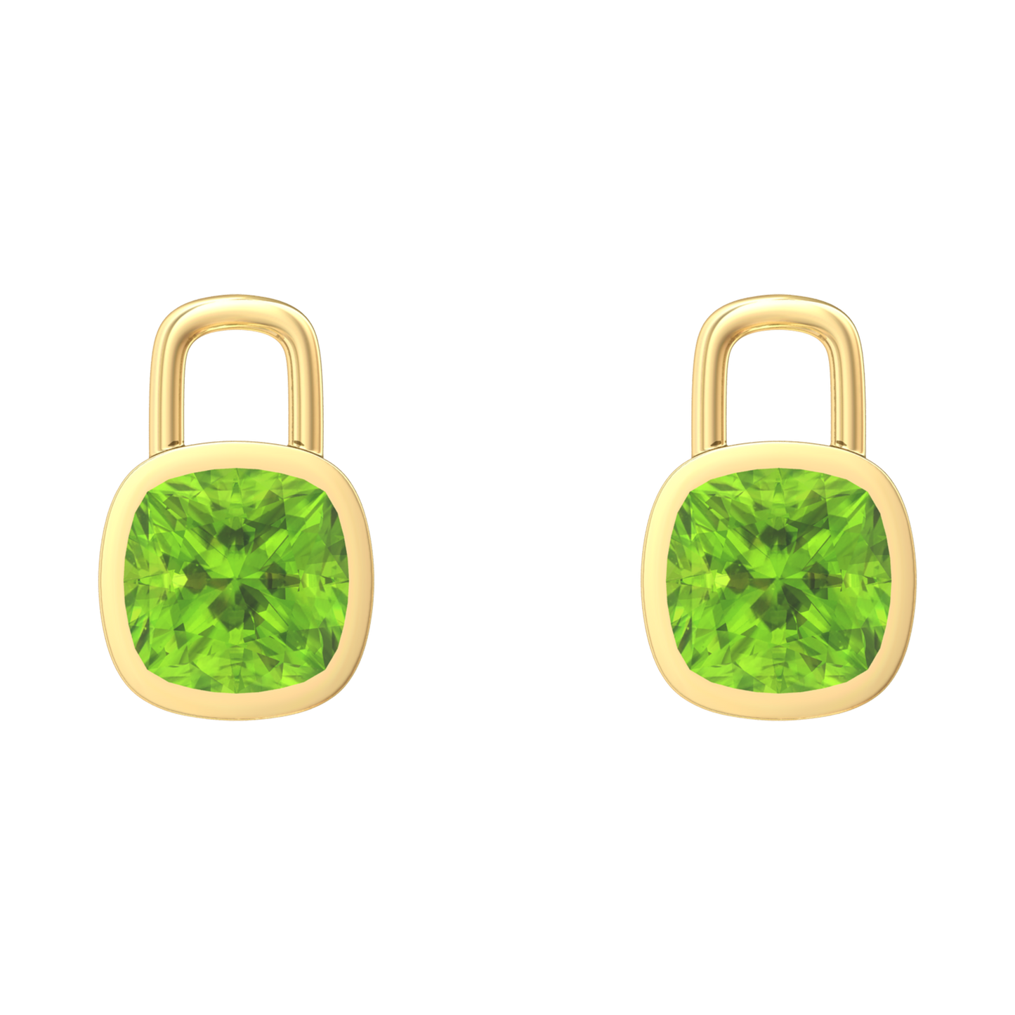 Nova earring attachments in a plain bezel setting with cushion shaped Peridot Gardiner Brothers Yellow Gold