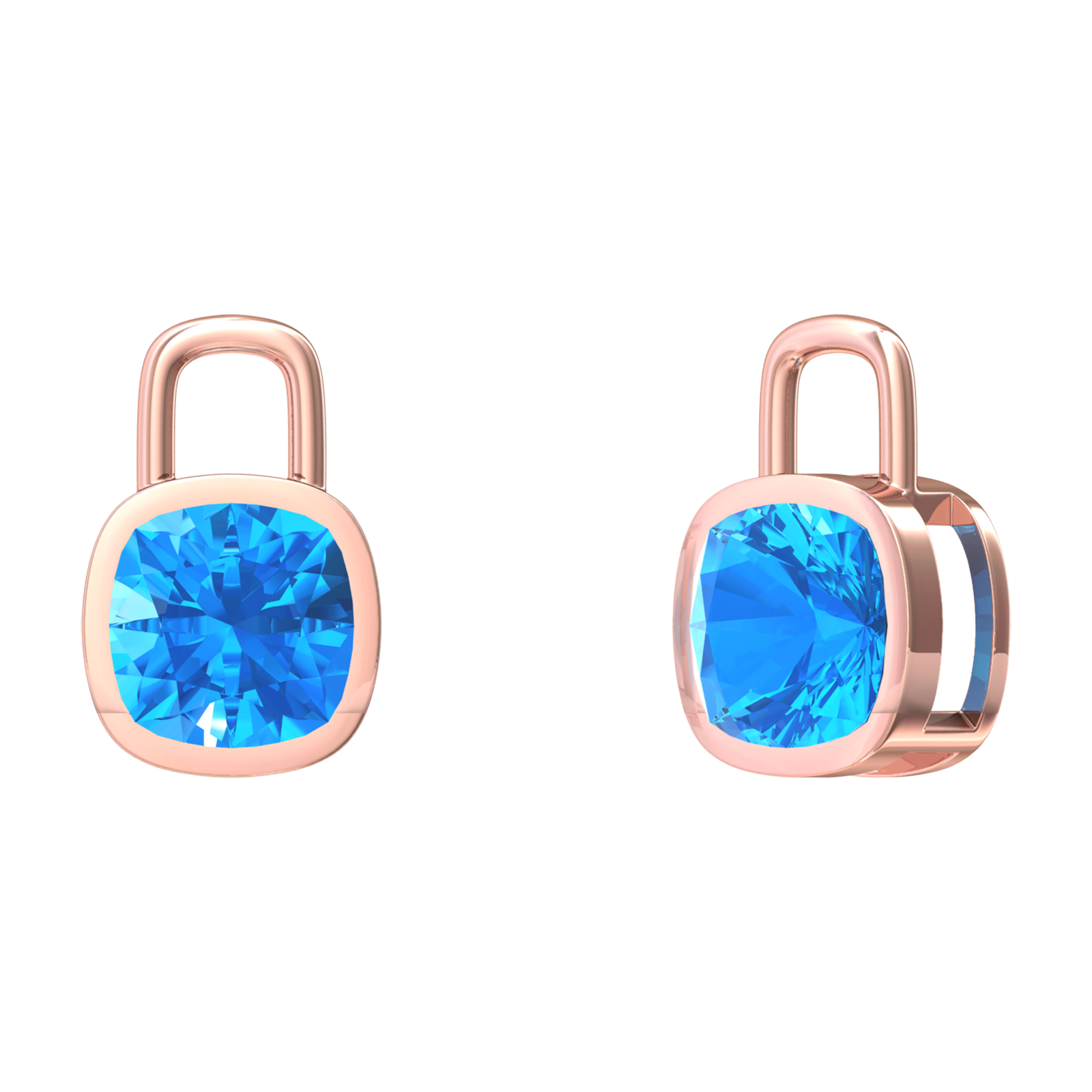 Nova earring attachments in a plain bezel setting with cushion shaped Swiss Blue Topaz Gardiner Brothers Rose Gold