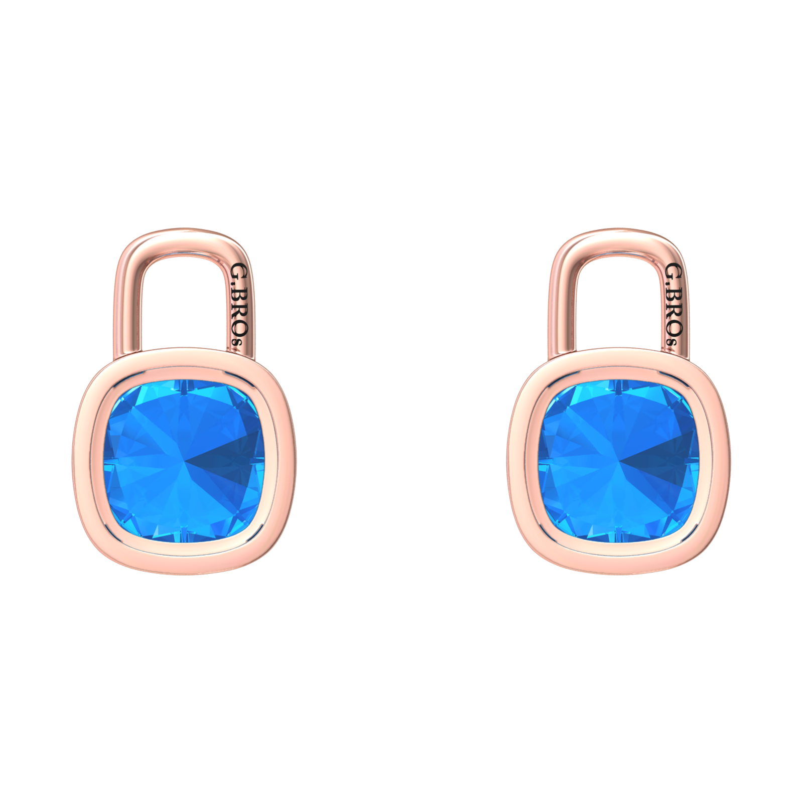 Nova earring attachments in a plain bezel setting with cushion shaped Swiss Blue Topaz Gardiner Brothers