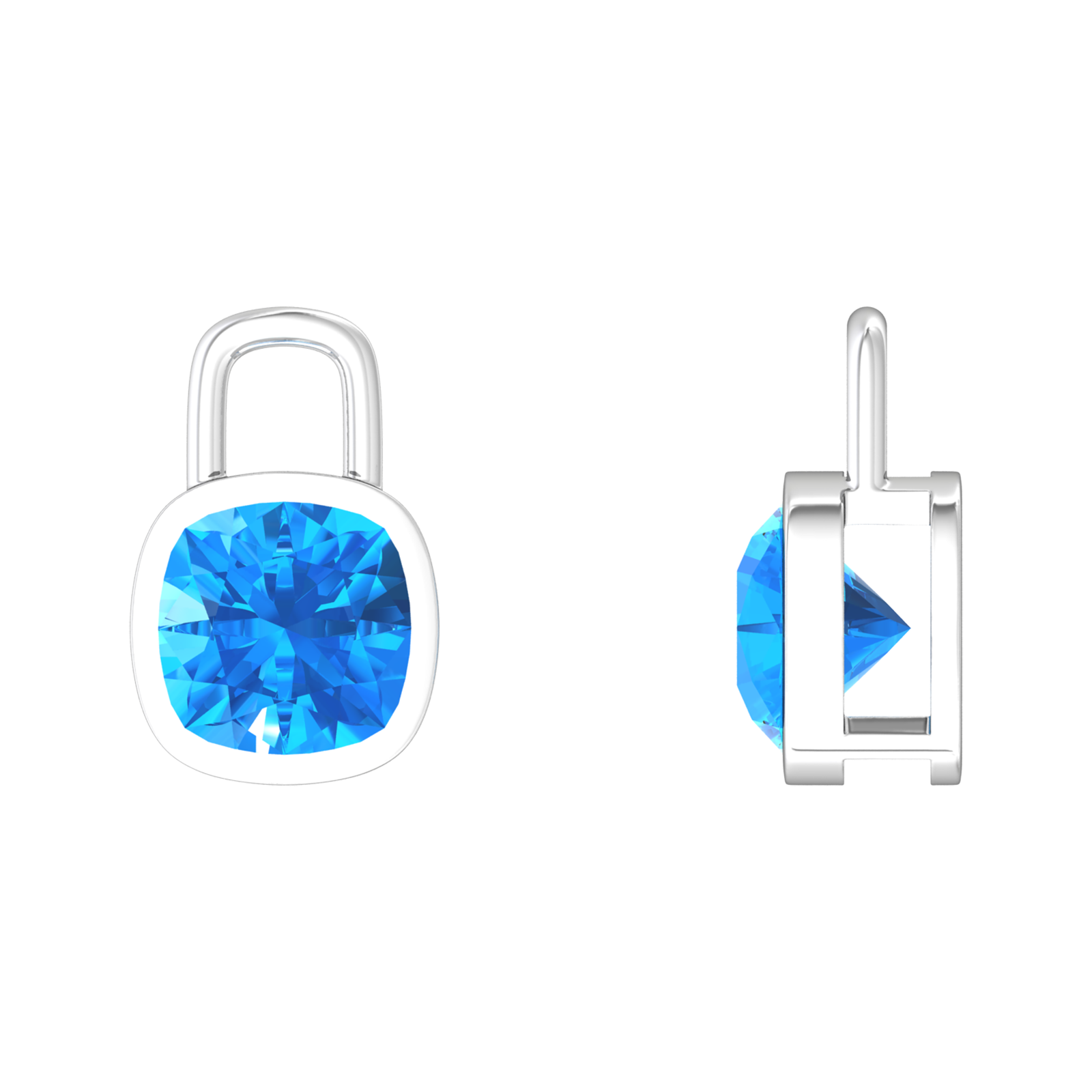 Nova earring attachments in a plain bezel setting with cushion shaped Swiss Blue Topaz Gardiner Brothers