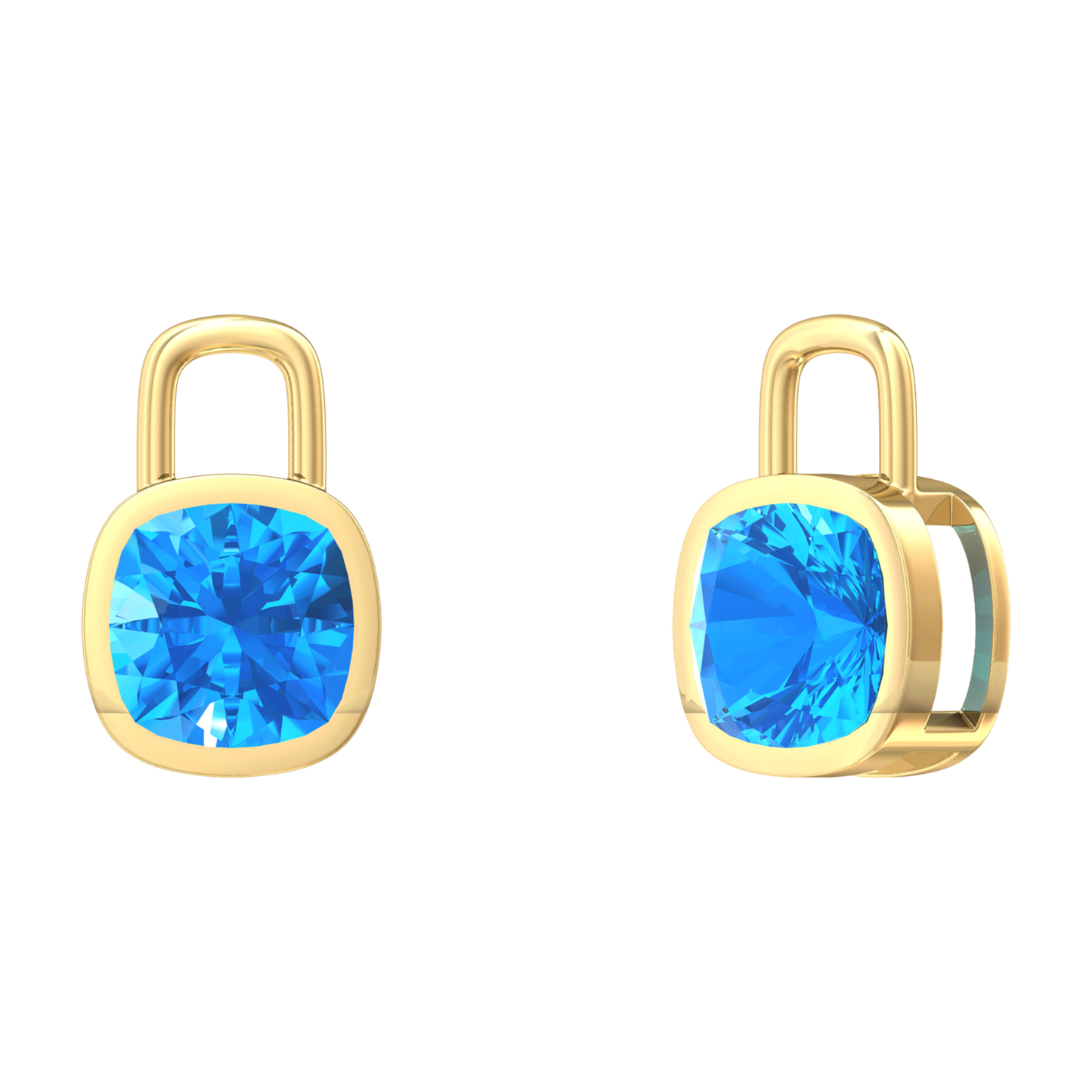 Nova earring attachments in a plain bezel setting with cushion shaped Swiss Blue Topaz Gardiner Brothers Yellow Gold