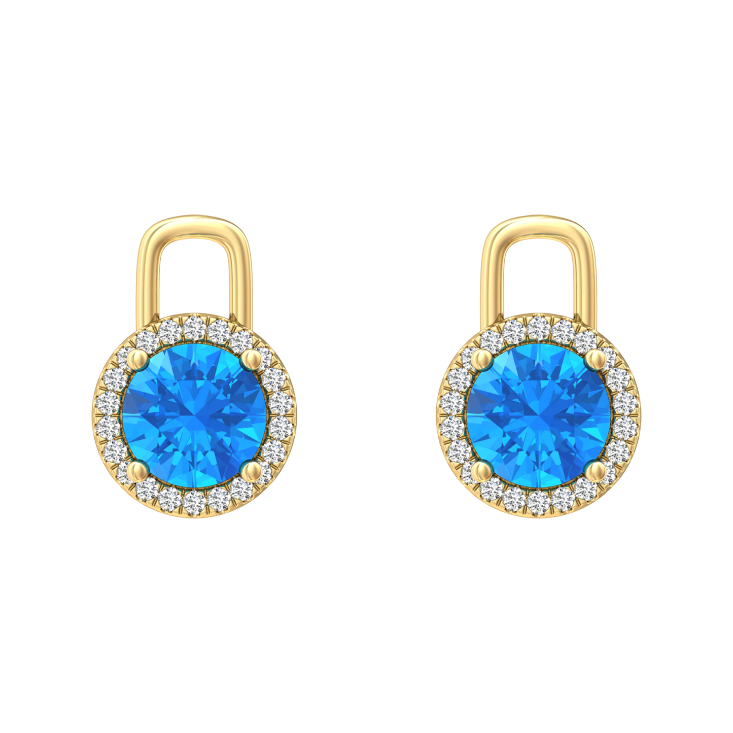 Nova diamond set earrings attachments set with a round Swiss Blue Topaz Gardiner Brothers Yellow Gold