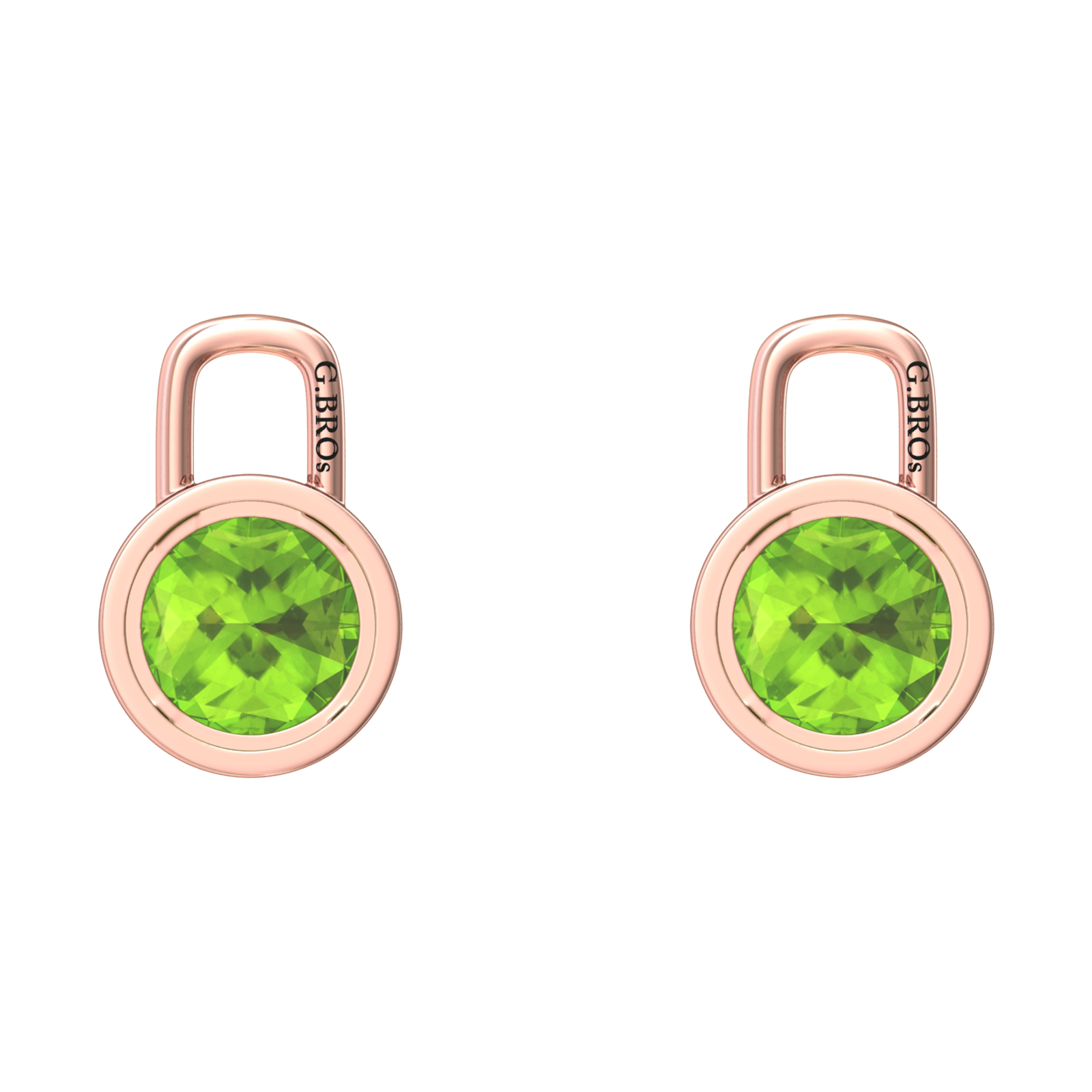 Nova earring attachments in a plain bezel setting with round Peridot Gardiner Brothers