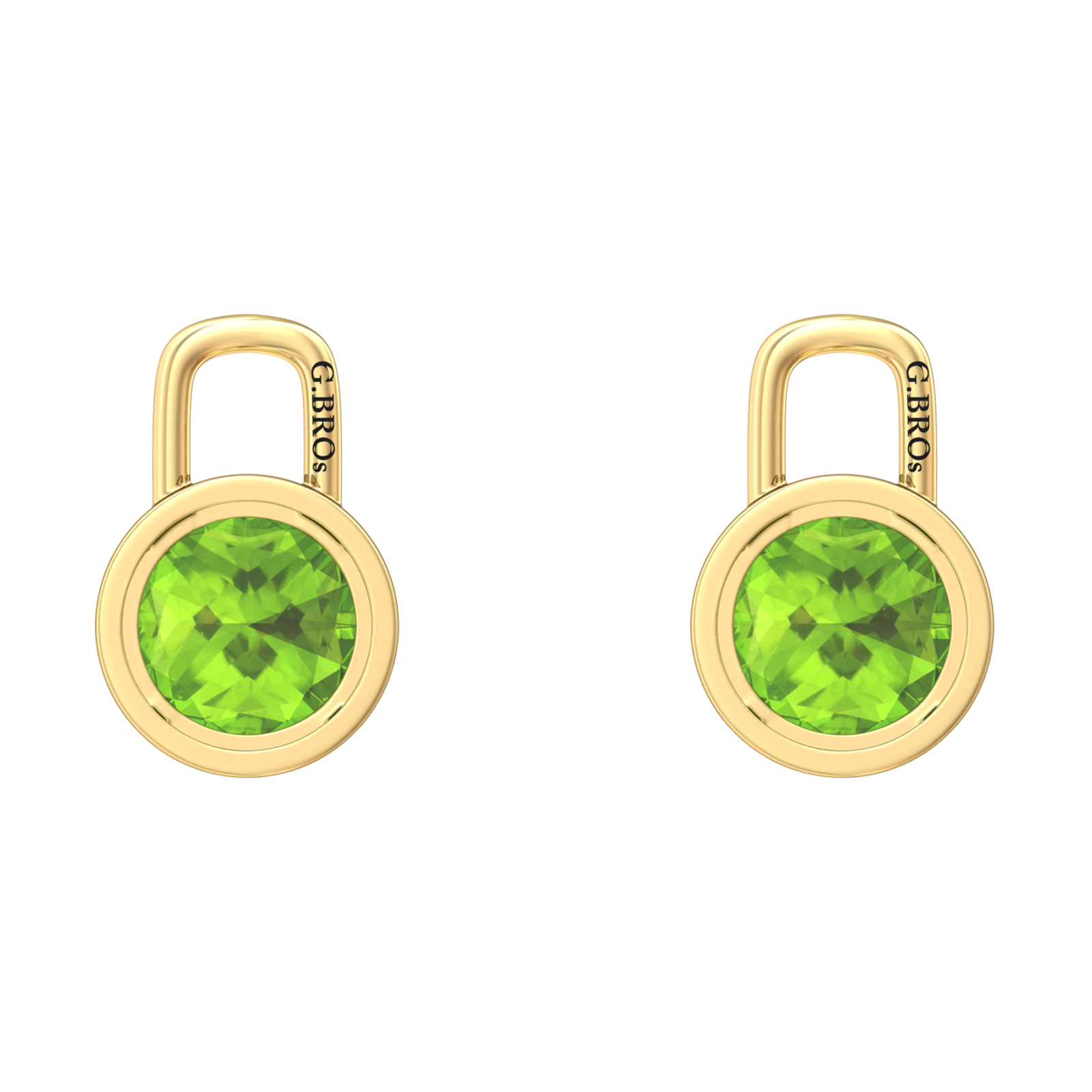 Nova earring attachments in a plain bezel setting with round Peridot Gardiner Brothers