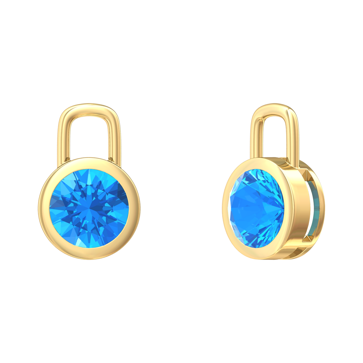 Nova earring attachments in a plain bezel setting with round Swiss Blue Topaz Gardiner Brothers Yellow Gold