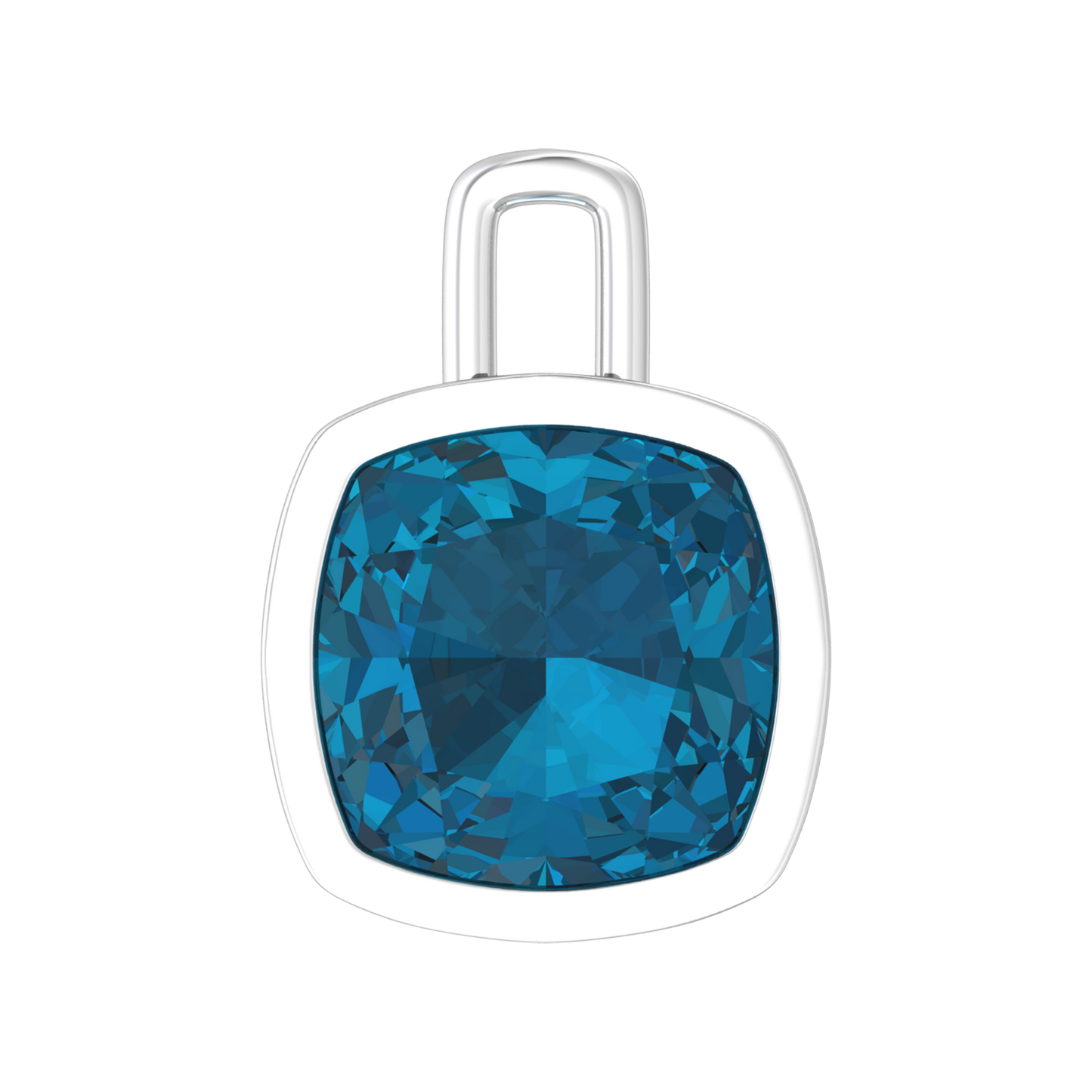 Nova pendant attachment in a plain bezel setting with cushion shaped London Blue Topaz Gardiner Brothers White Gold