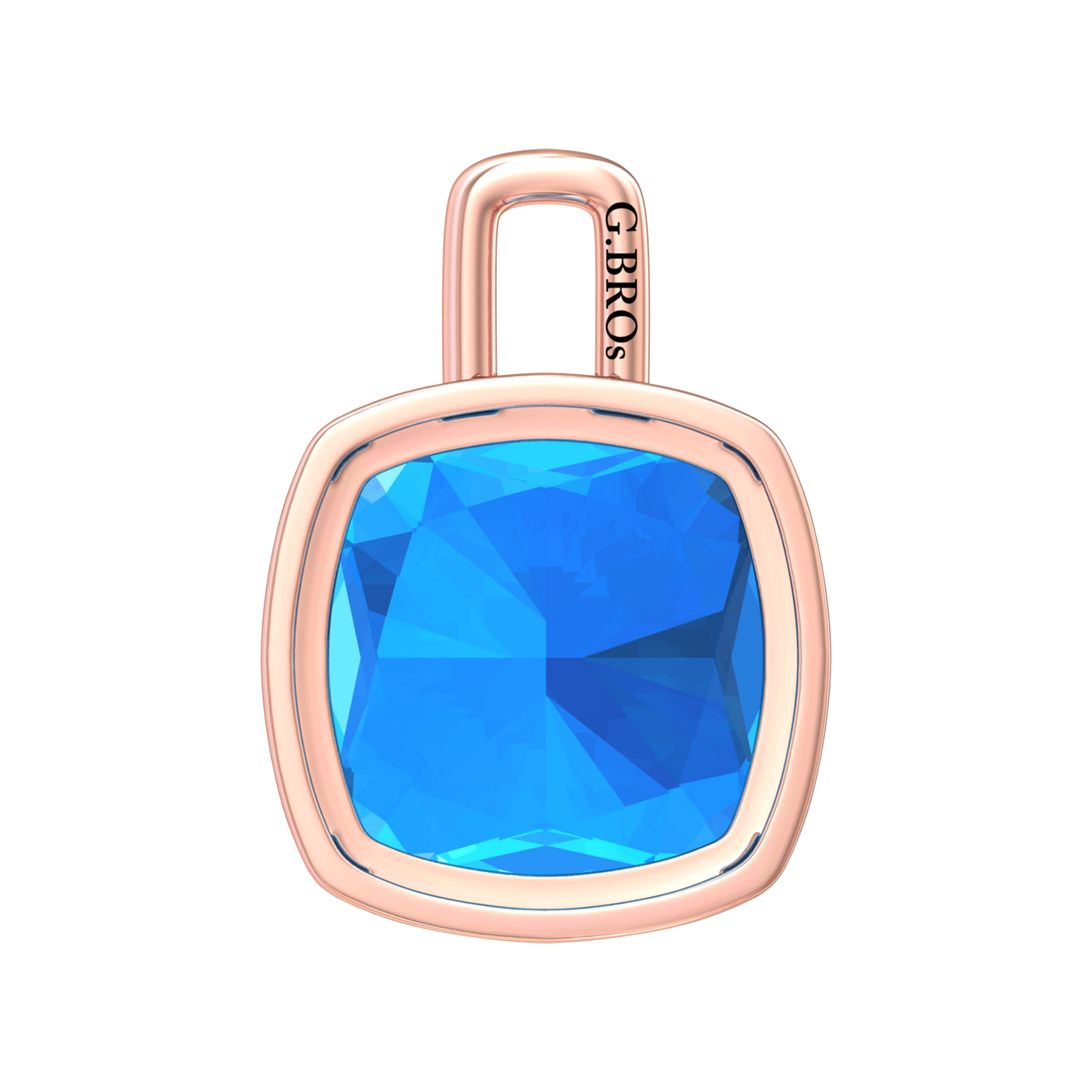 Nova pendant attachment in a plain bezel setting with cushion shaped Swiss Blue Topaz Gardiner Brothers