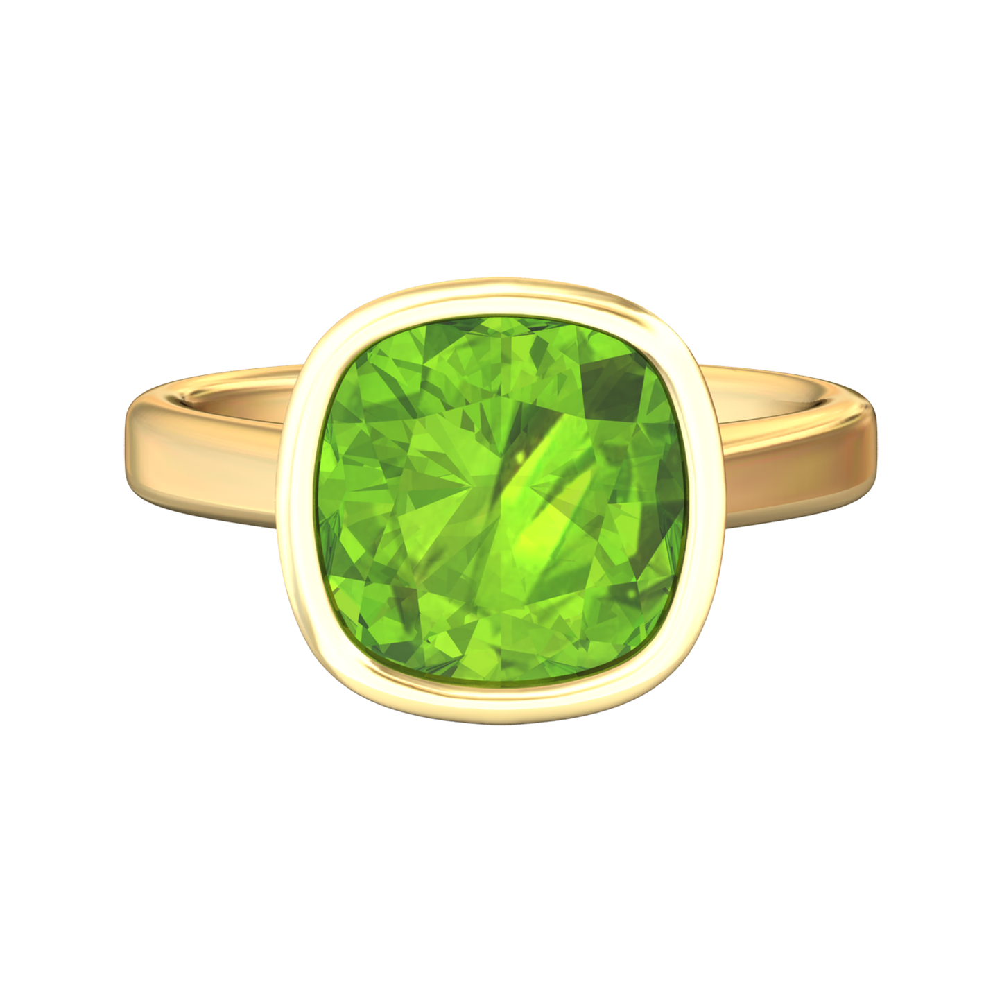 Nova cushion shaped Peridot ring set in a plain bezel setting Gardiner Brothers