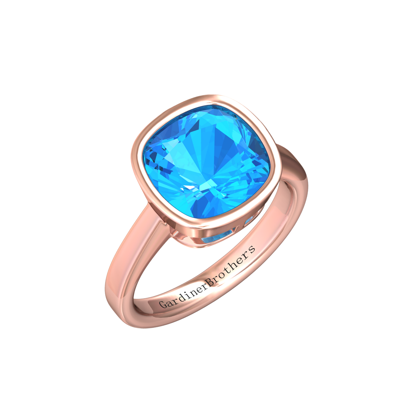 Nova cushion shaped Swiss Blue Topaz ring set in a plain bezel setting Gardiner Brothers Rose Gold