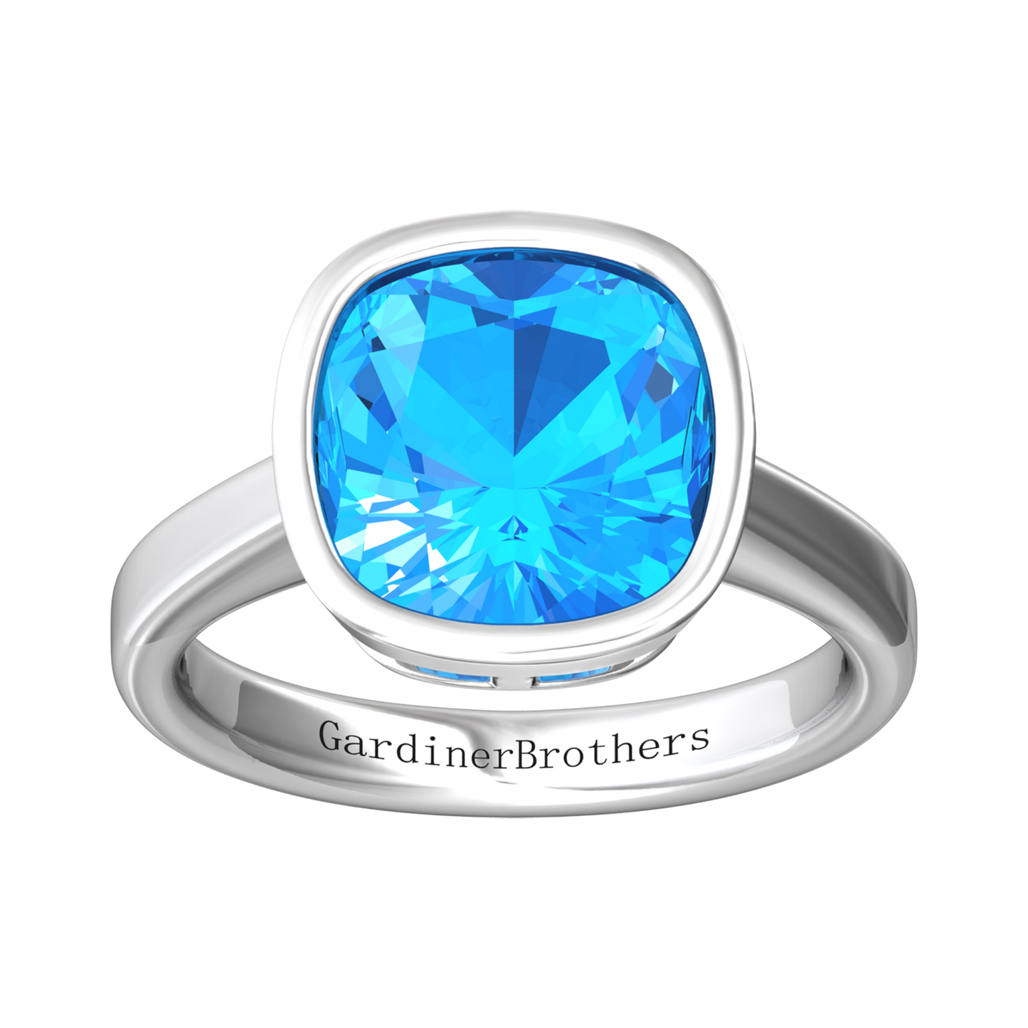 Nova cushion shaped Swiss Blue Topaz ring set in a plain bezel setting Gardiner Brothers