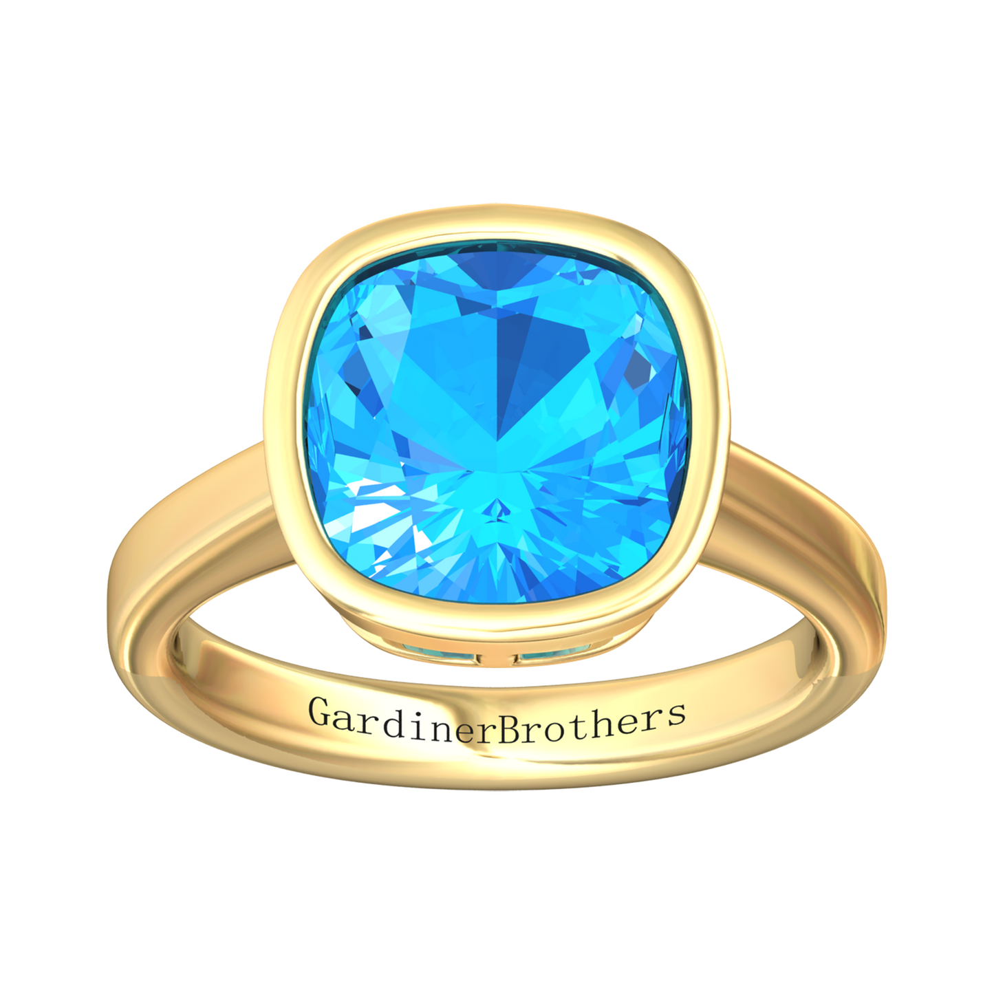 Nova cushion shaped Swiss Blue Topaz ring set in a plain bezel setting Gardiner Brothers