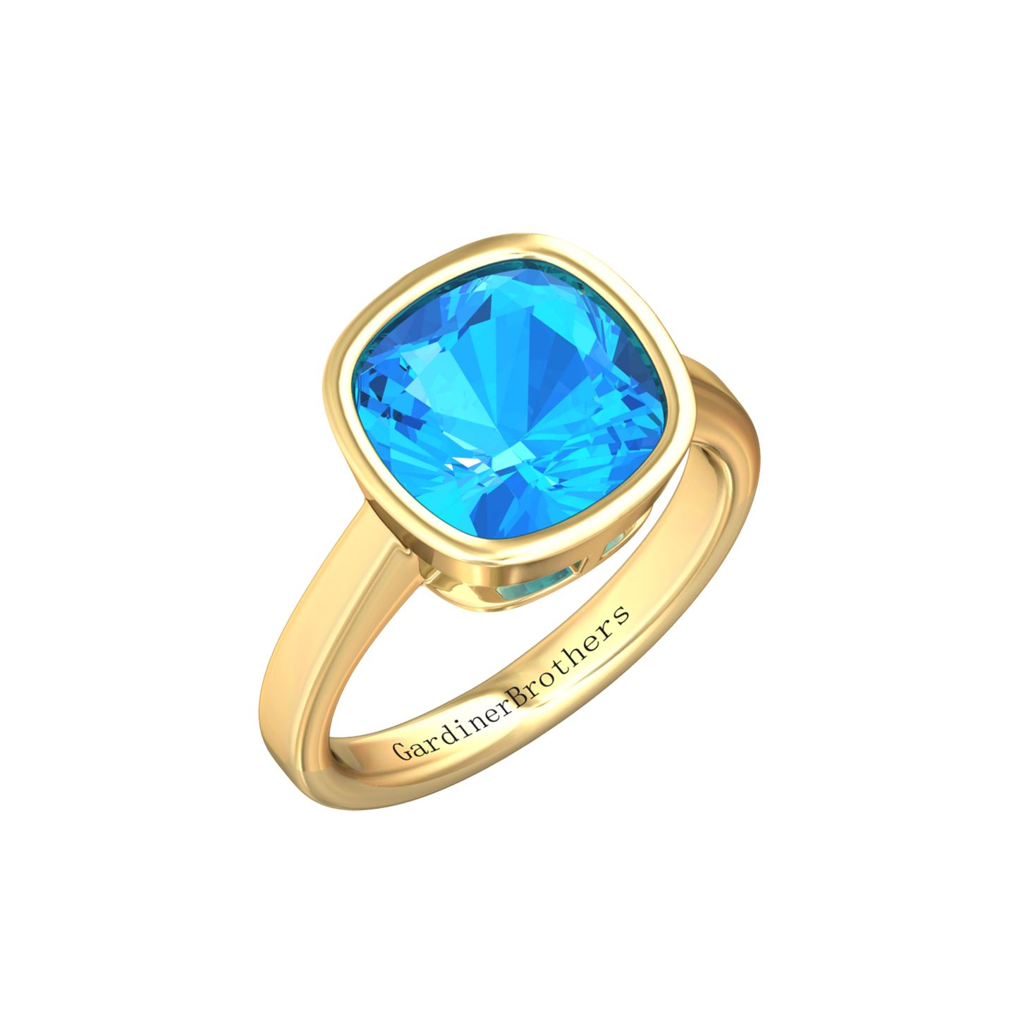 Nova cushion shaped Swiss Blue Topaz ring set in a plain bezel setting Gardiner Brothers Yellow Gold