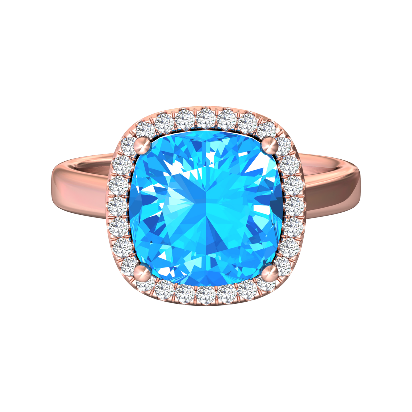 Nova cushion shaped Swiss Blue Topaz ring with a halo of diamonds Gardiner Brothers