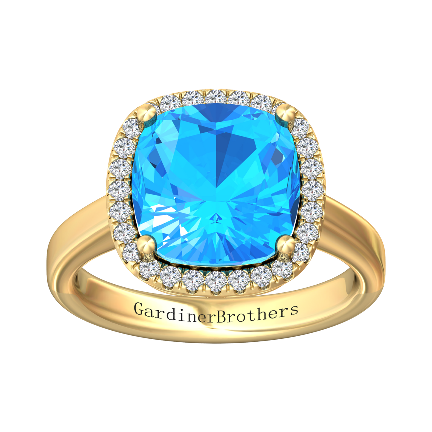 Nova cushion shaped Swiss Blue Topaz ring with a halo of diamonds Gardiner Brothers